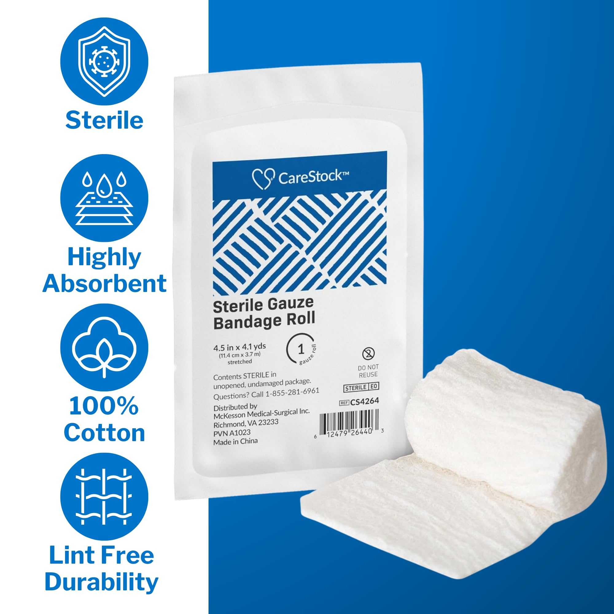 CareStock gauze rolls close-up; absorbent cotton texture for moisture management