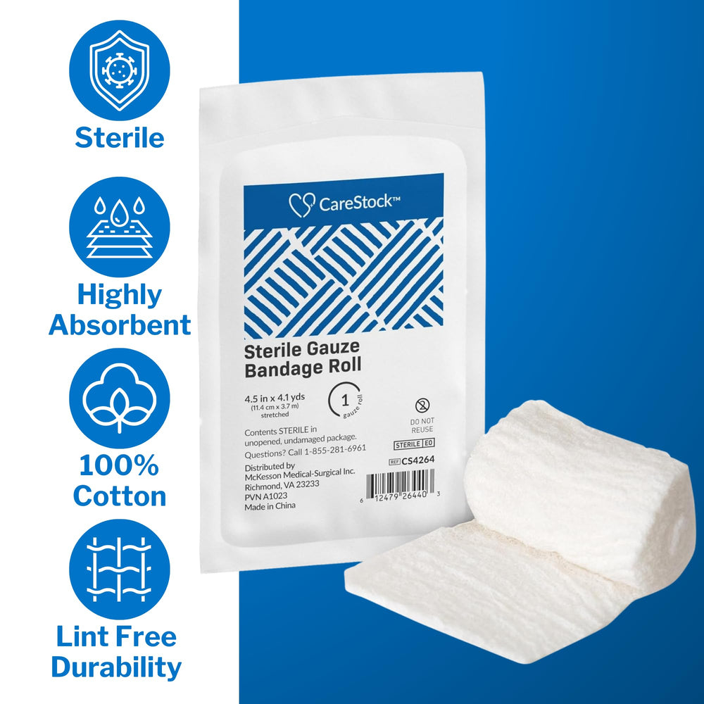 CareStock gauze rolls close-up; absorbent cotton texture for moisture management