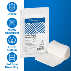 CareStock gauze rolls close-up; absorbent cotton texture for moisture management
