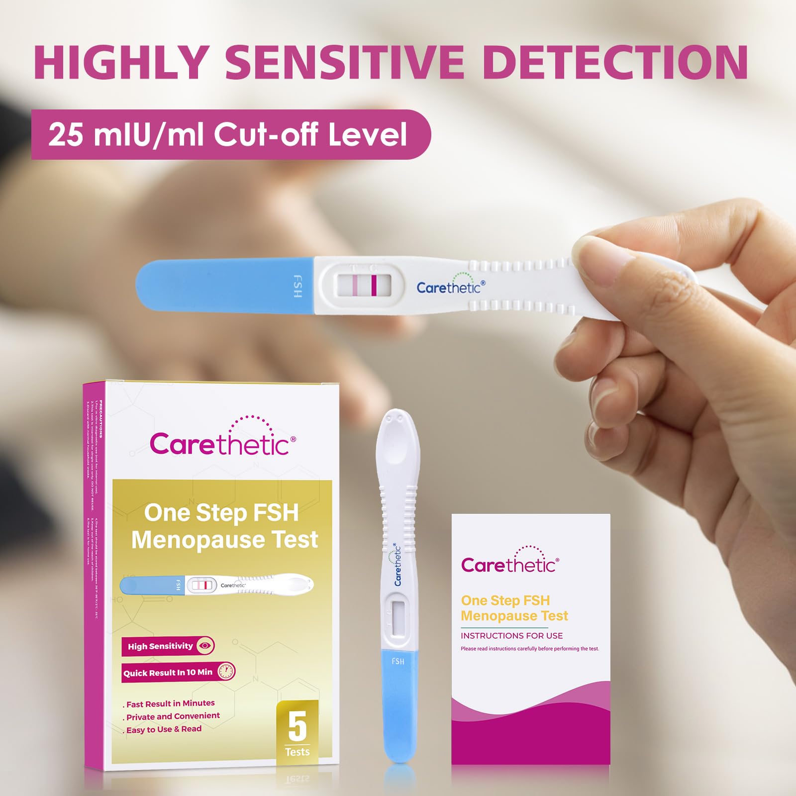 Carethetic FSH test urine stream use demonstrates simple testing.