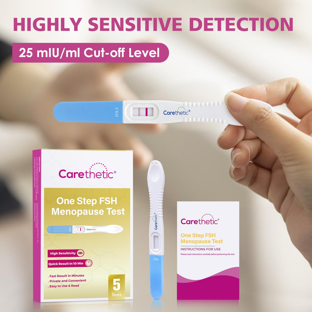 Carethetic FSH test urine stream use demonstrates simple testing.