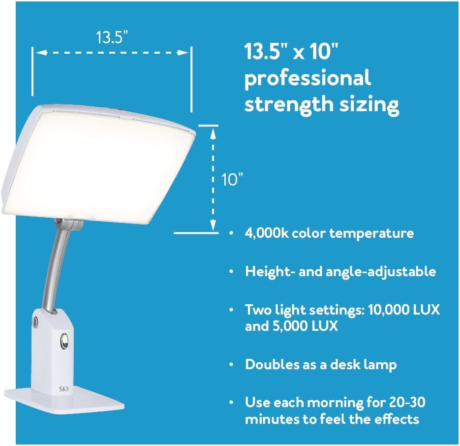 Carex Day-Light Sky lamp in-use on desk or nightstand for daily routines.