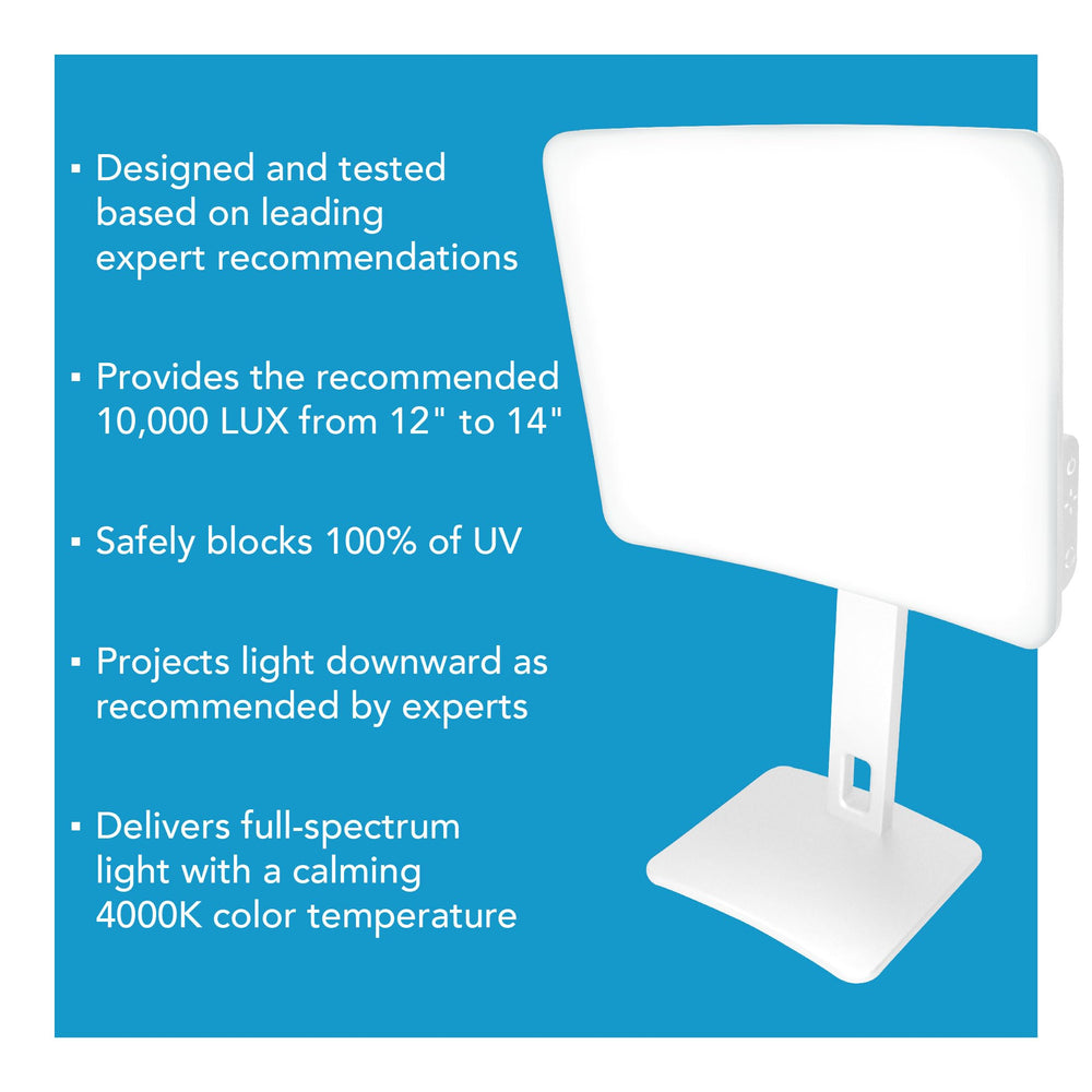 Carex Day-Light Elite height-adjustable stand enables custom angle.