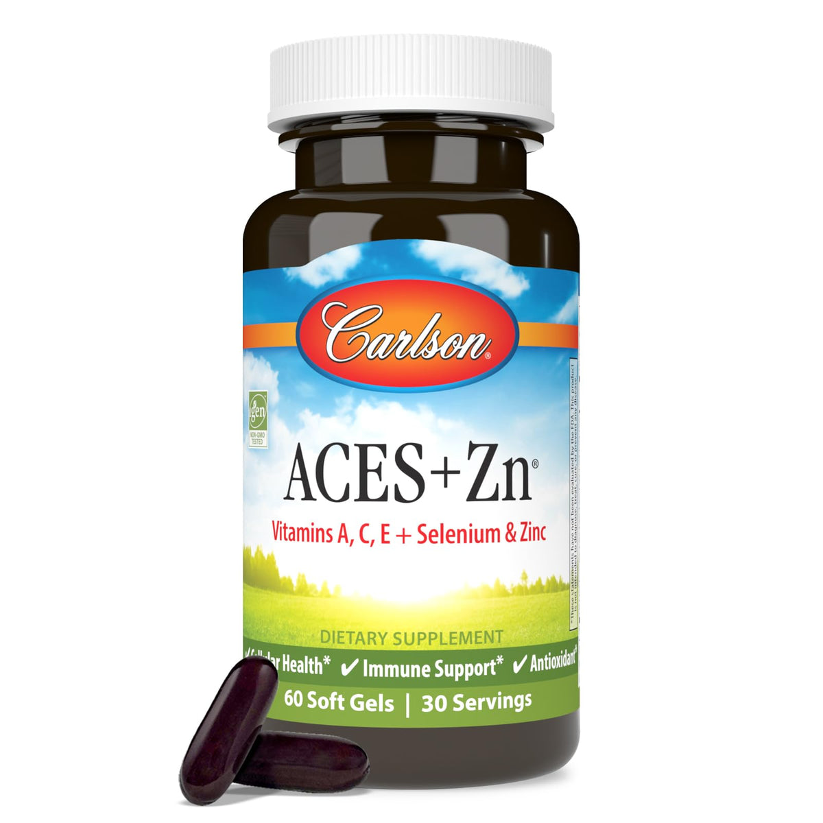 Carlson ACES + Zn bottle front for everyday immune support.