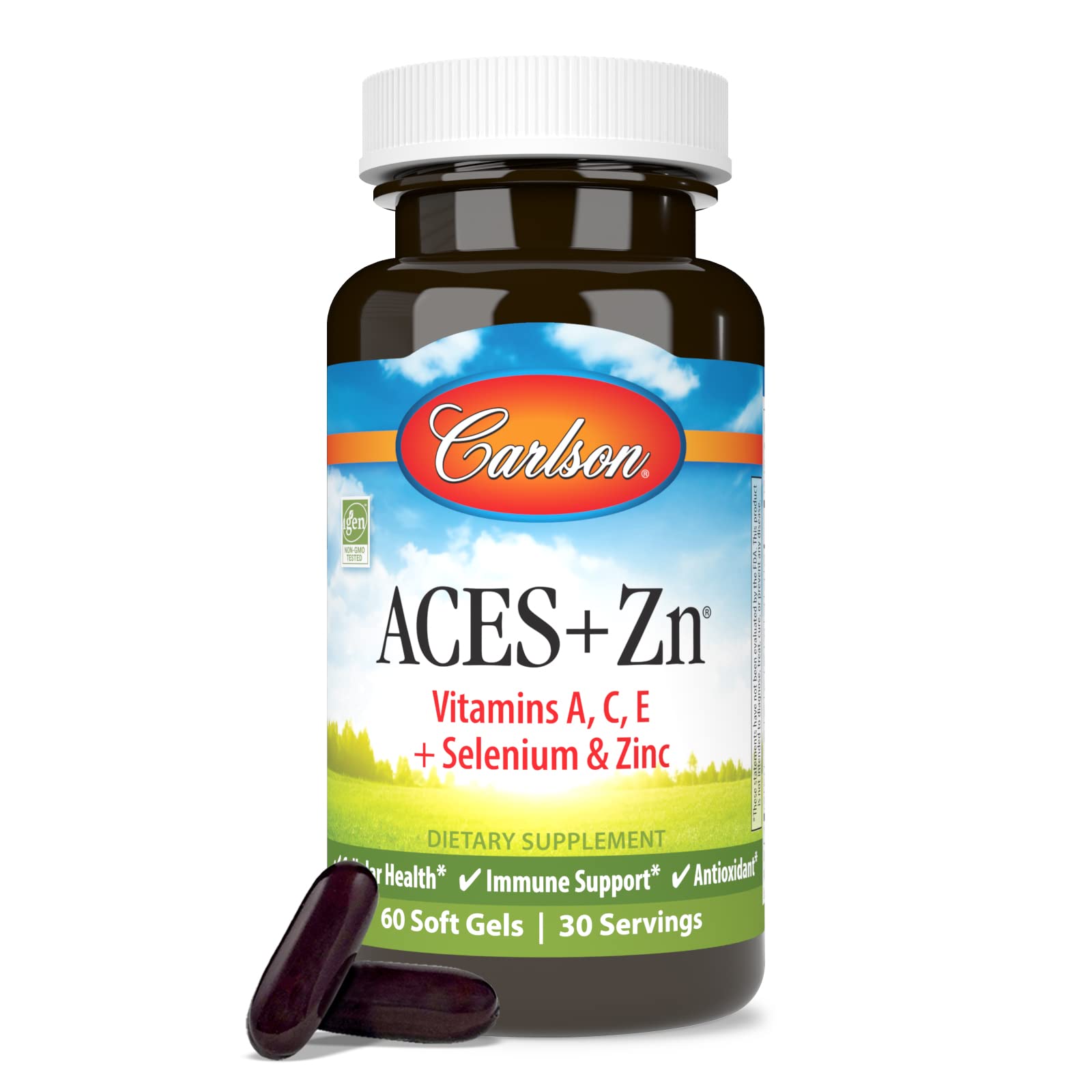 Carlson ACES + Zn vitamins graphic emphasizes antioxidants.