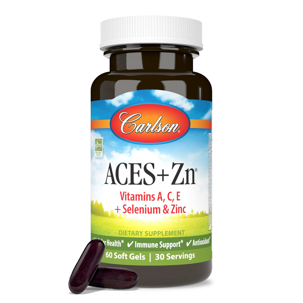 Carlson ACES + Zn vitamins graphic emphasizes antioxidants.