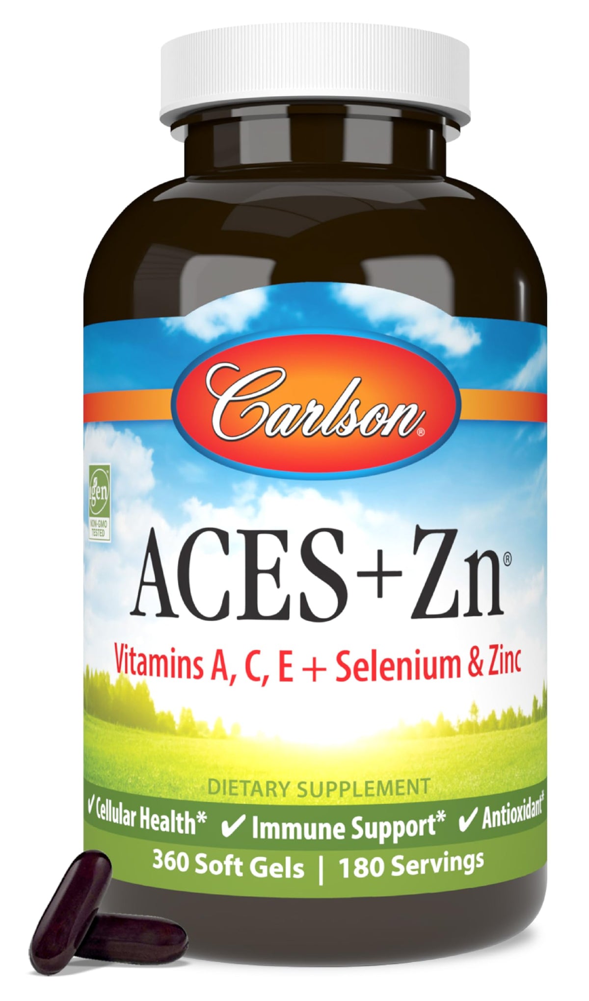 Carlson ACES + Zn bottle featuring softgels for antioxidant support