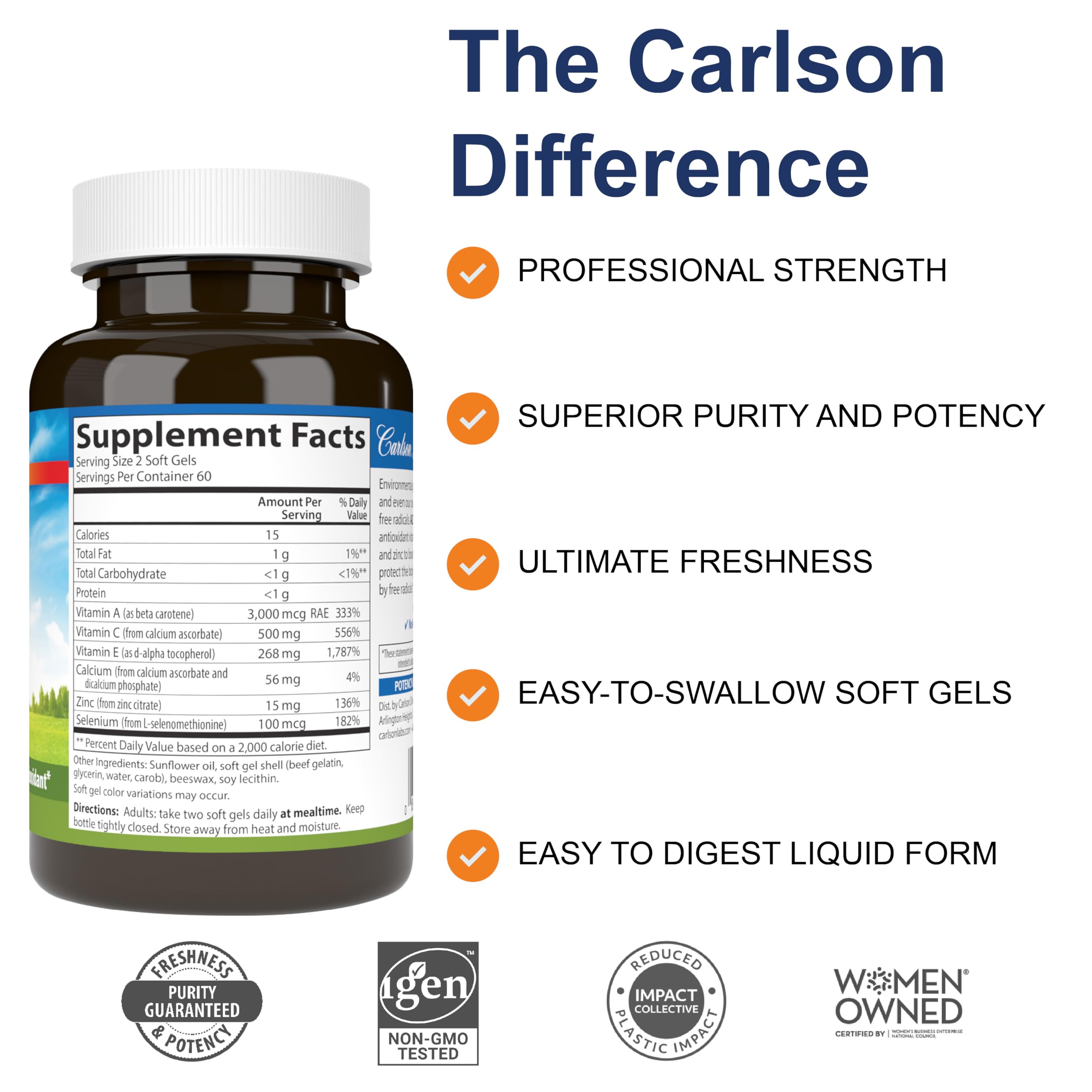 Carlson ACES + Zn label closeup highlights key vitamins and minerals.