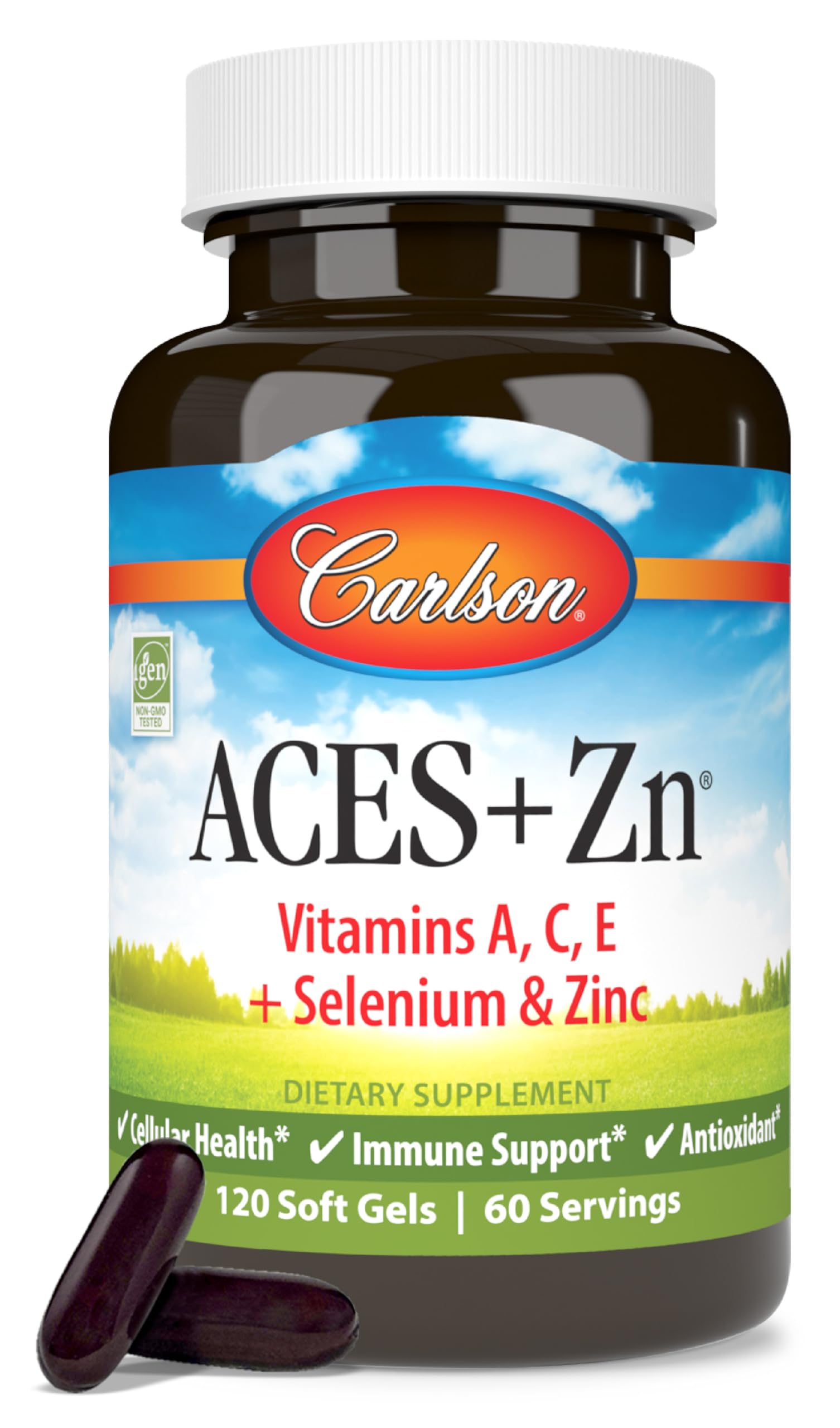 Carlson ACES + Zn softgel bottle on table for daily immune support.