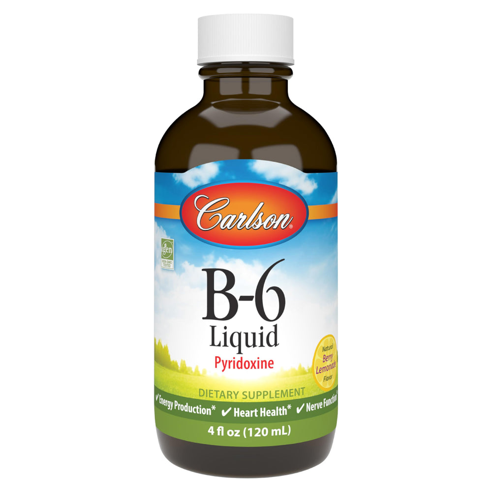 Carlson B-6 Liquid bottle close-up showing Berry Lemonade flavor for easy daily intake.