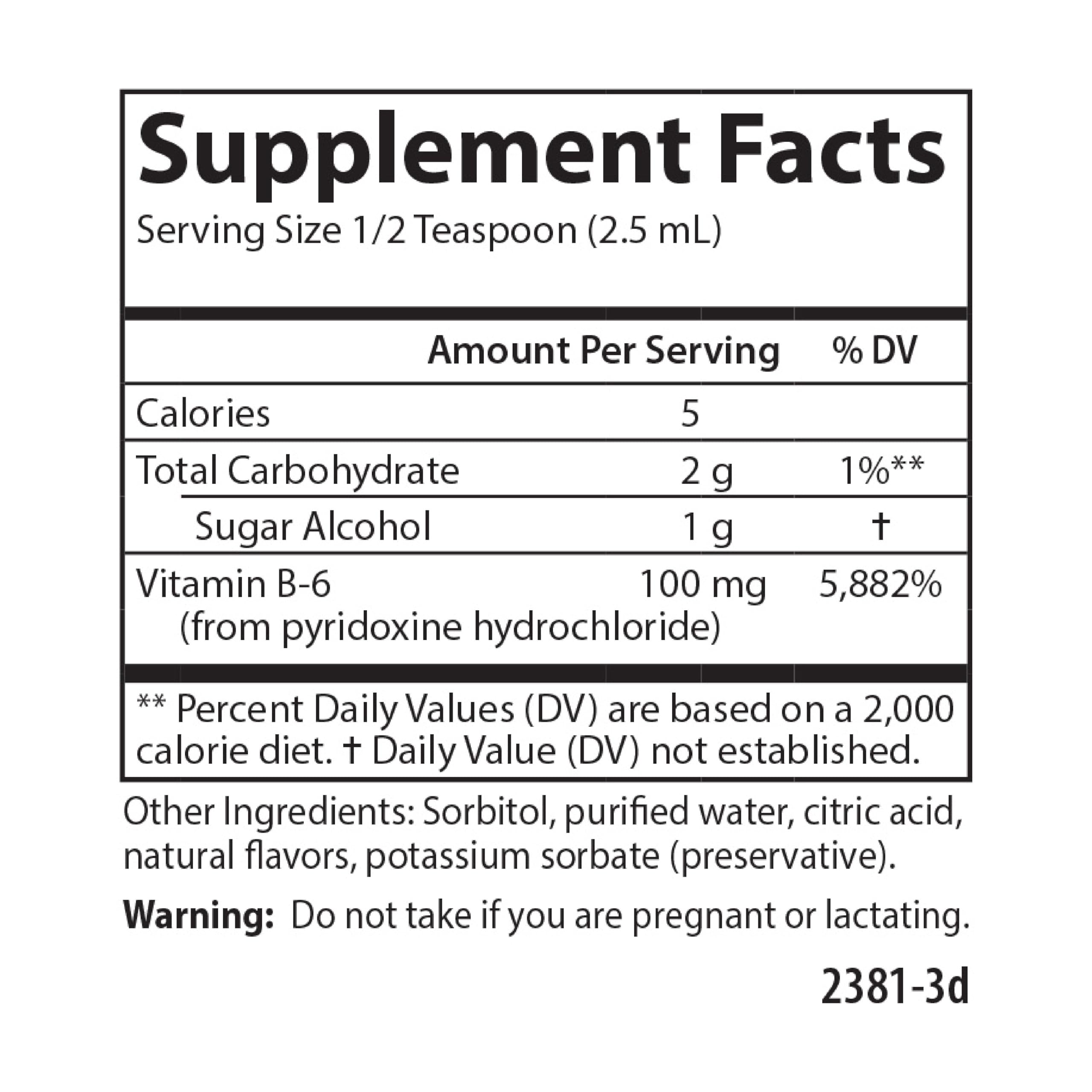 Carlson B-6 Liquid nutrition facts panel visible on bottle.