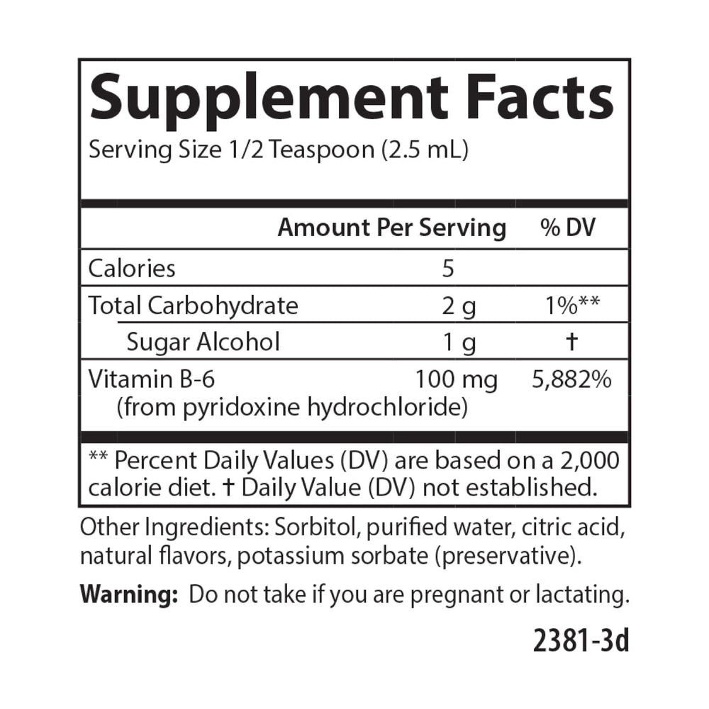 Carlson B-6 Liquid nutrition facts panel visible on bottle.