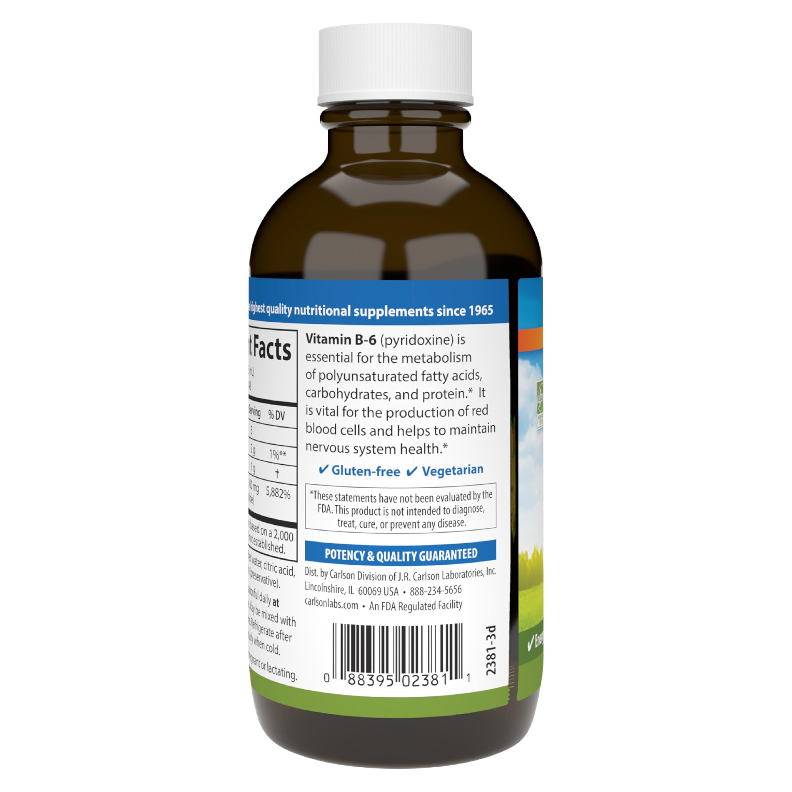 Carlson B-6 Liquid 120 mL packaging on shelf close-up.