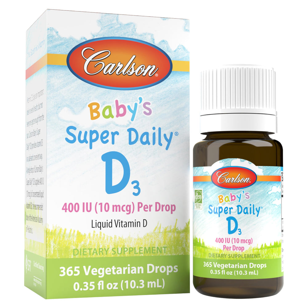 Carlson Baby D3 bottle with dropper for easy daily dosing.