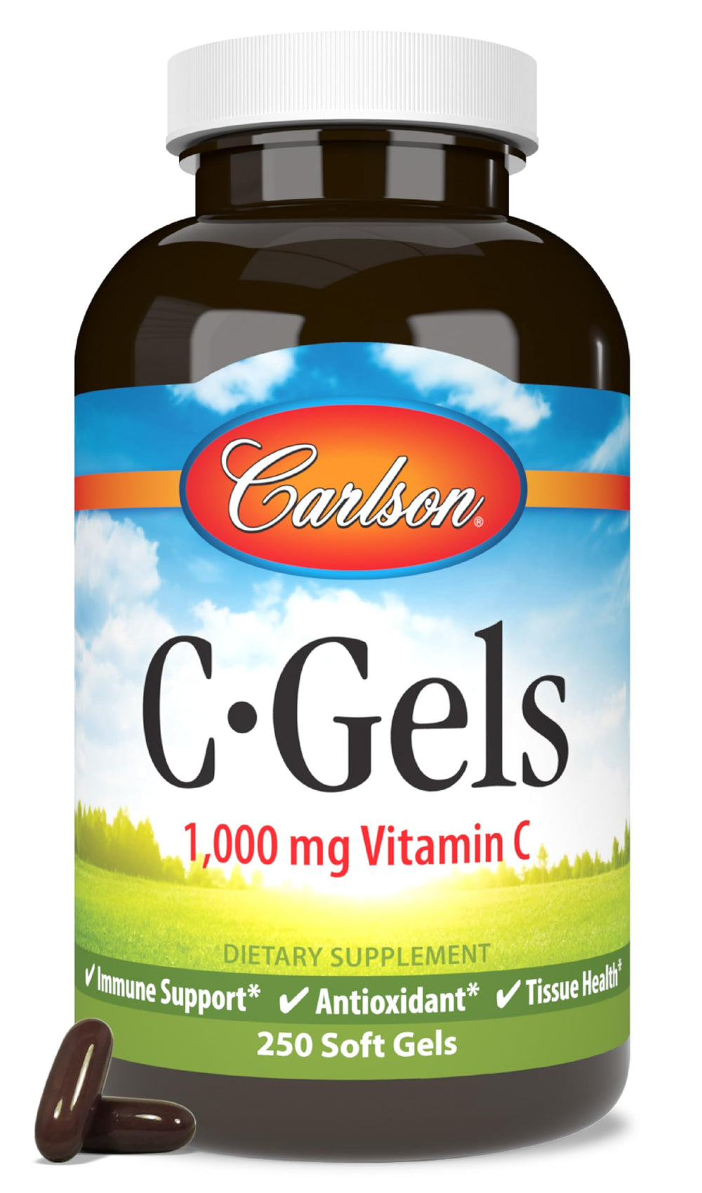 Carlson C-Gels 1000mg softgels bottle highlighting convenient daily immune support.