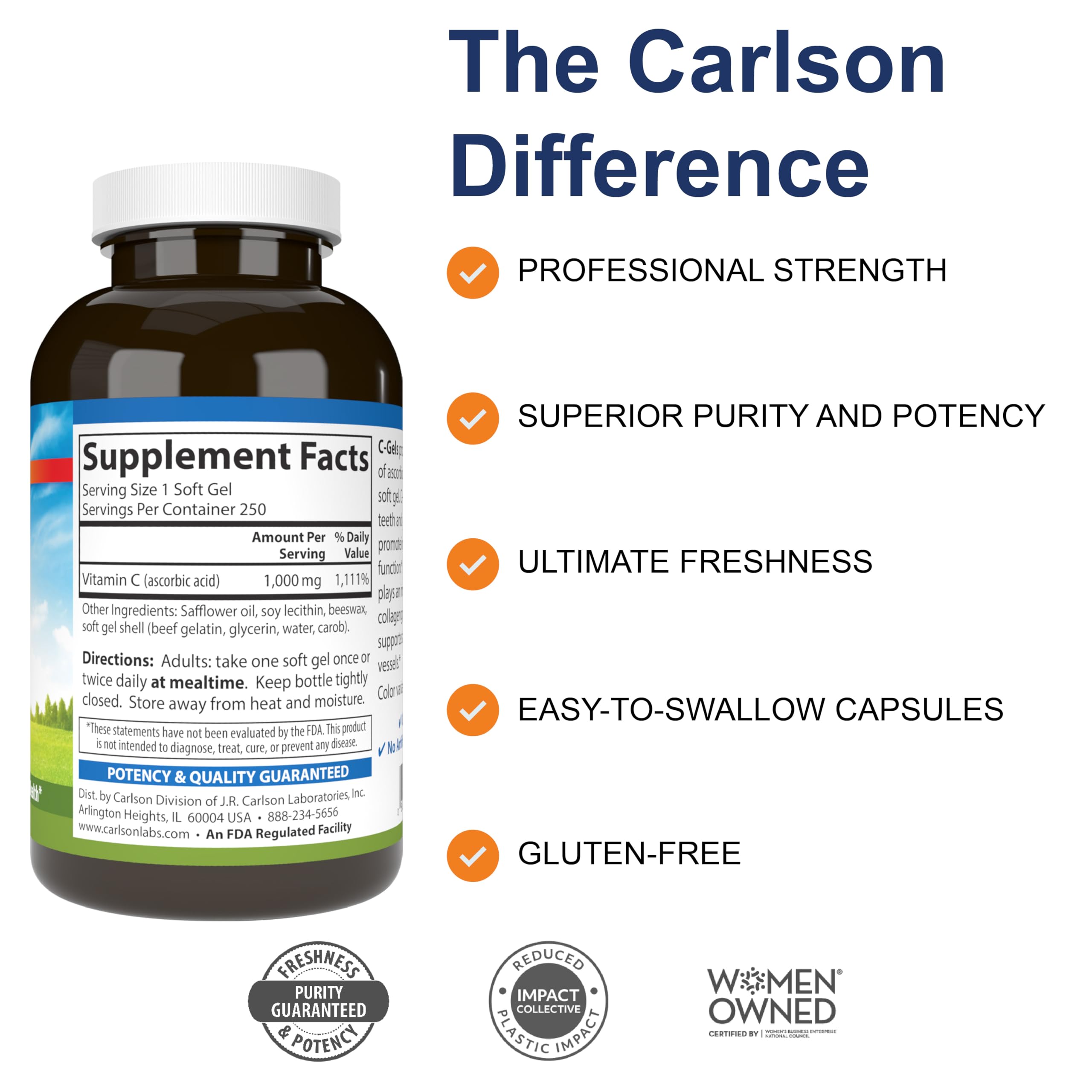Carlson C-Gels softgels pouring image shows easy daily intake for busy lifestyles.