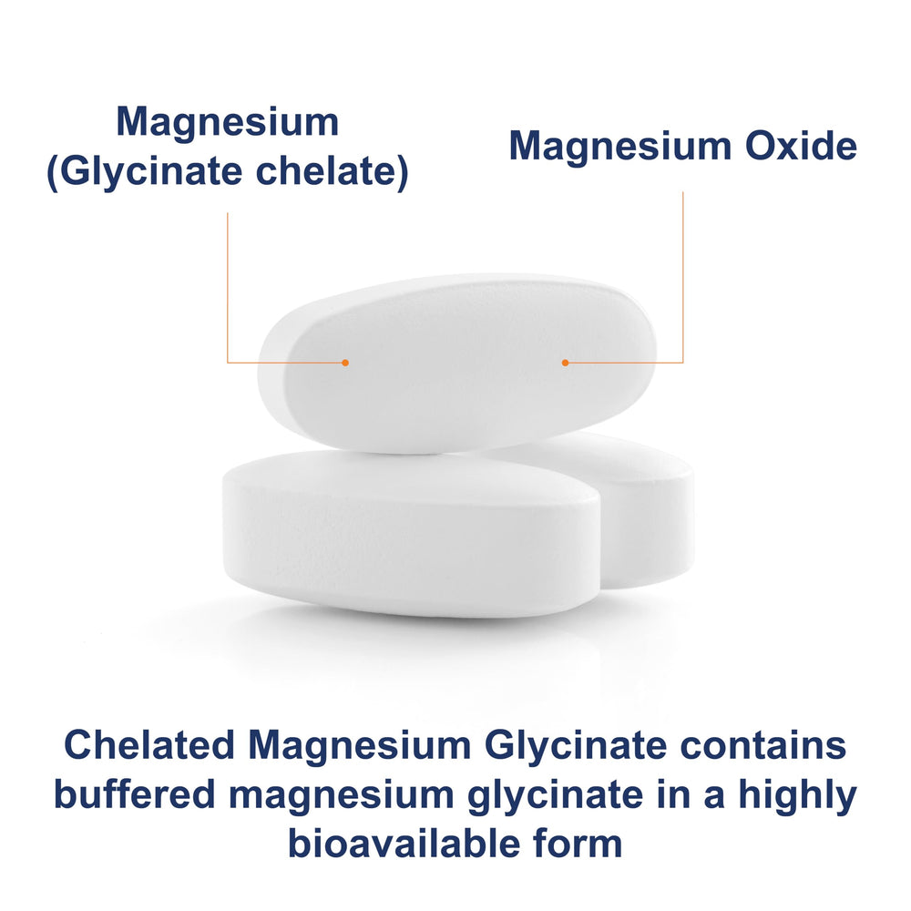 Carlson Chelated Magnesium bottle on a clean counter, 180 tablets per bottle
