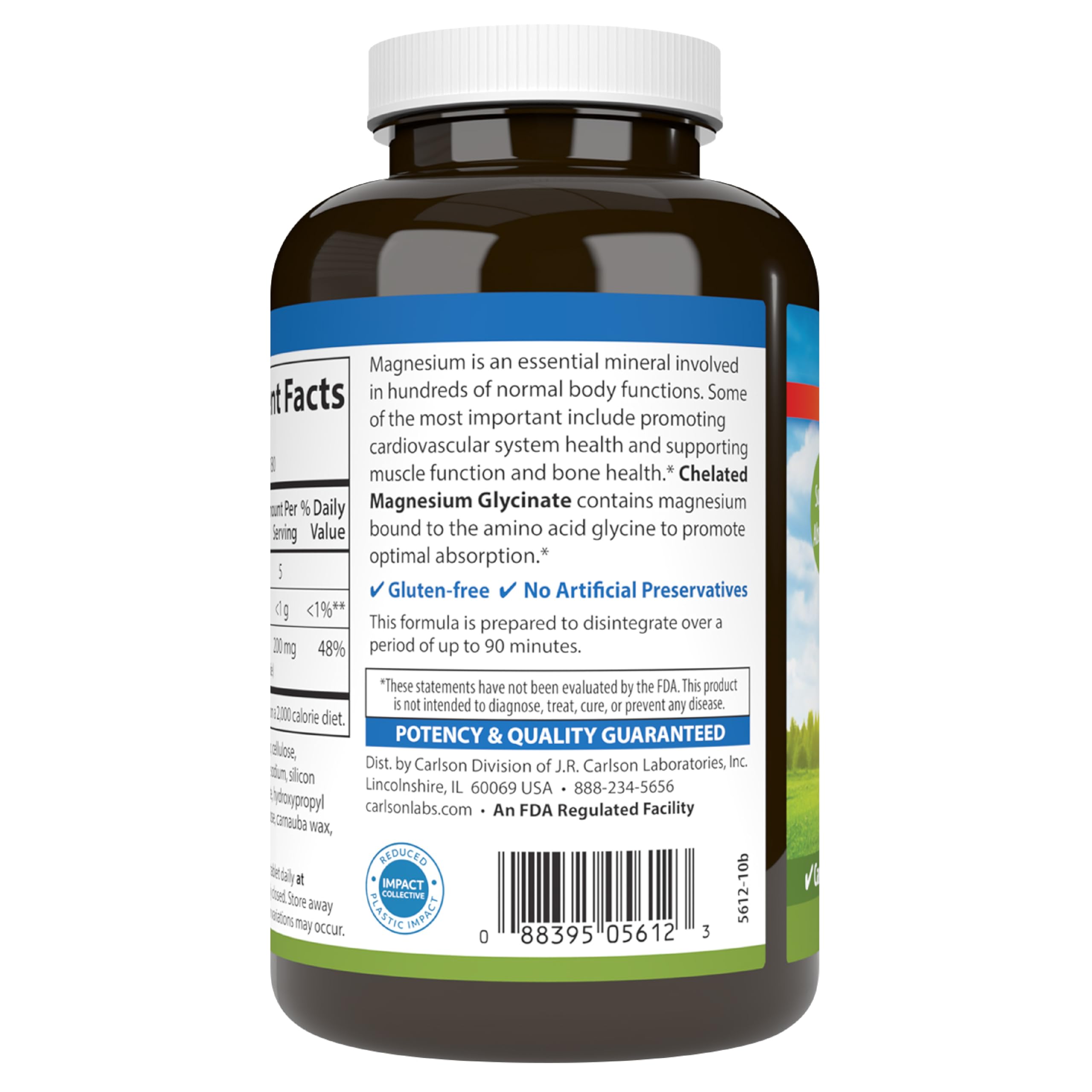 Carlson Chelated Magnesium bottle label highlights 180-tablet supply for routine use