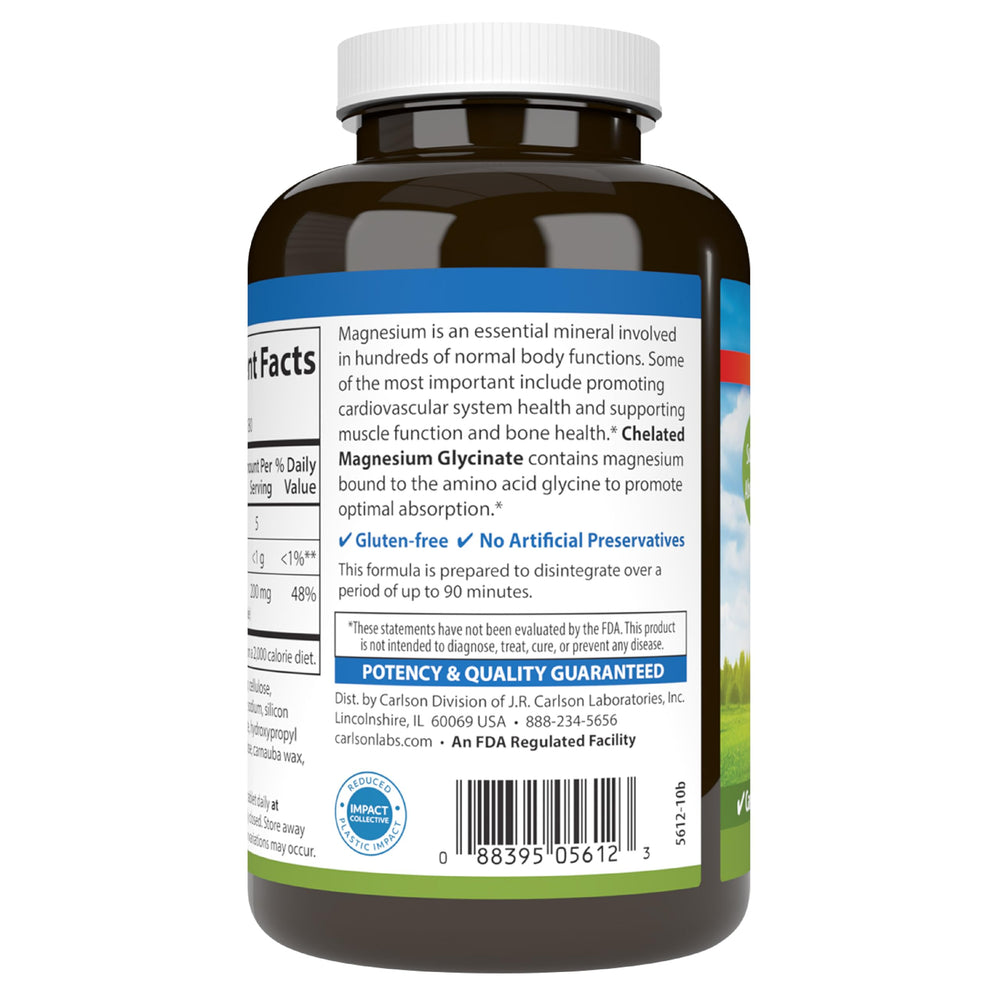 Carlson Chelated Magnesium bottle label highlights 180-tablet supply for routine use