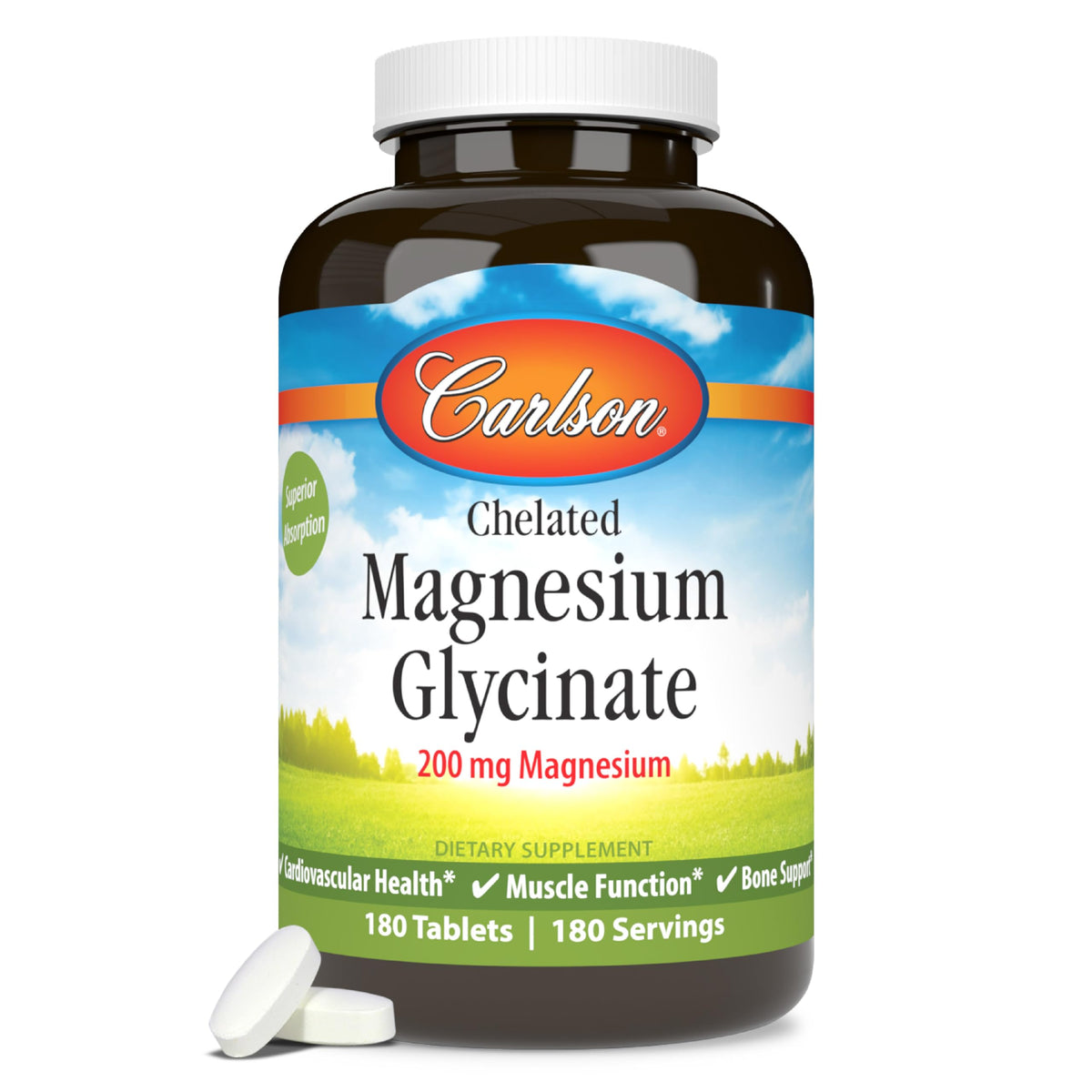 Carlson Chelated Magnesium 200mg tablet front view for daily energy support