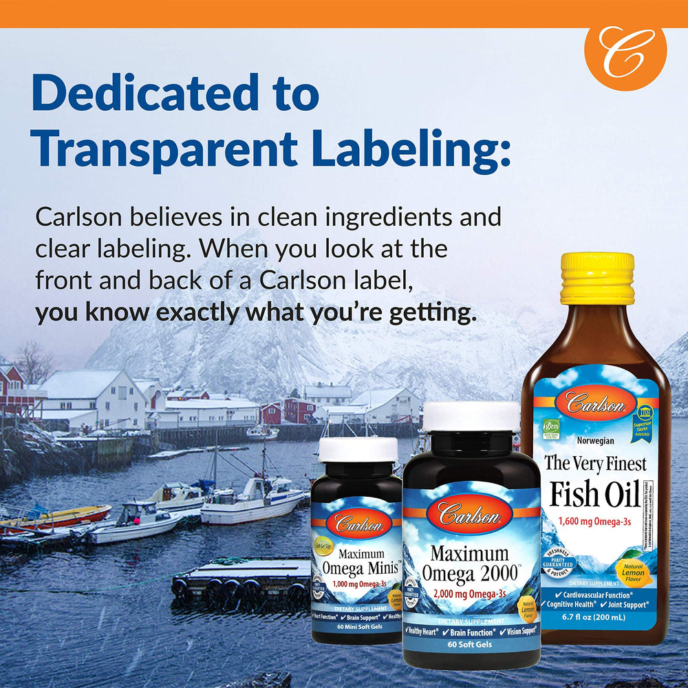 Carlson cod liver oil award badge on label denotes trusted quality.