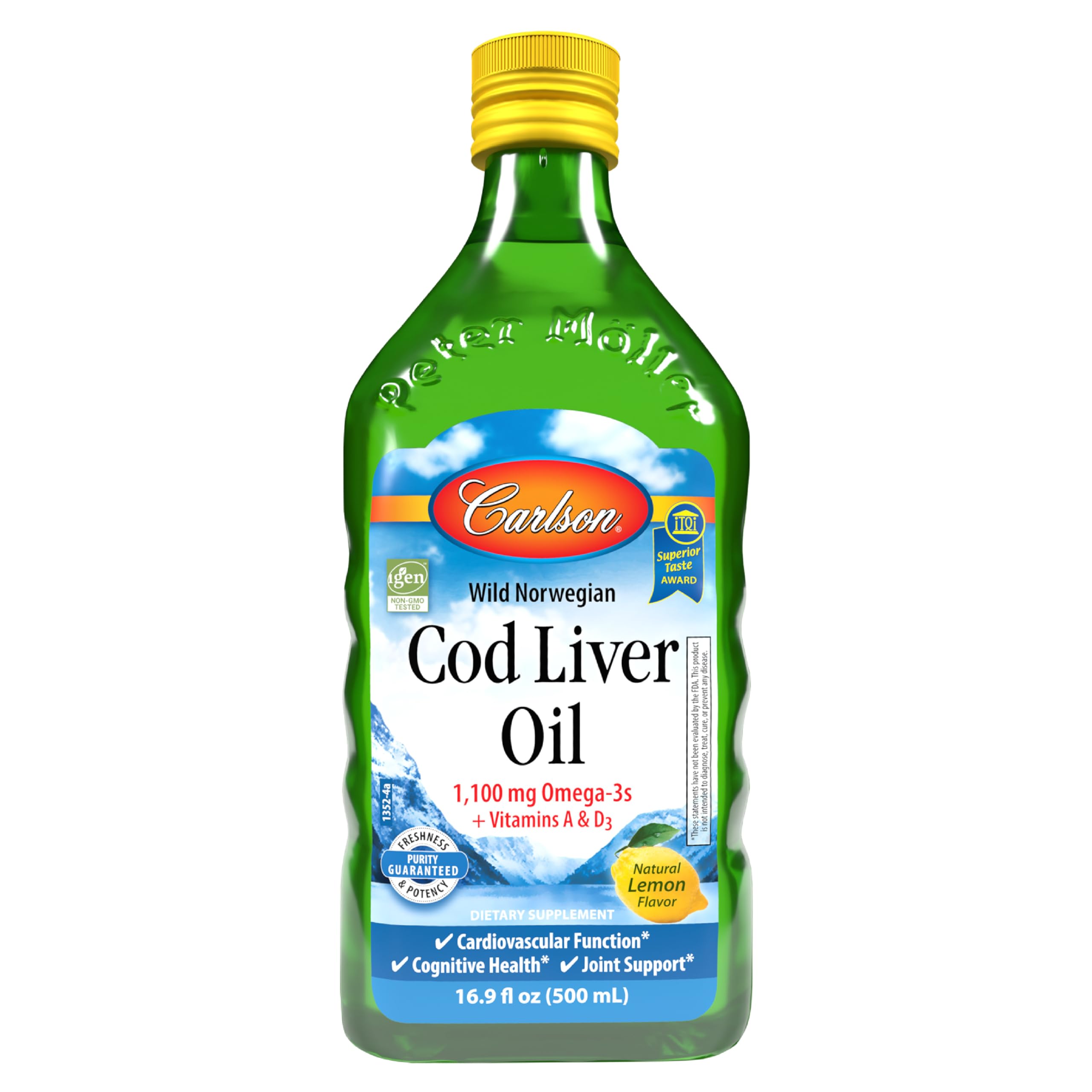 Carlson cod liver oil lemon bottle label highlights omega-3 for heart and brain.