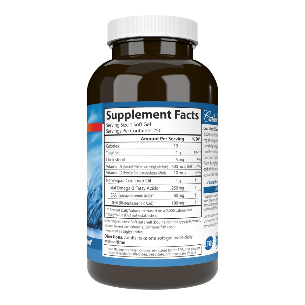 Carlson Cod Liver Oil Gems label highlights Arctic cod origin and nutrients