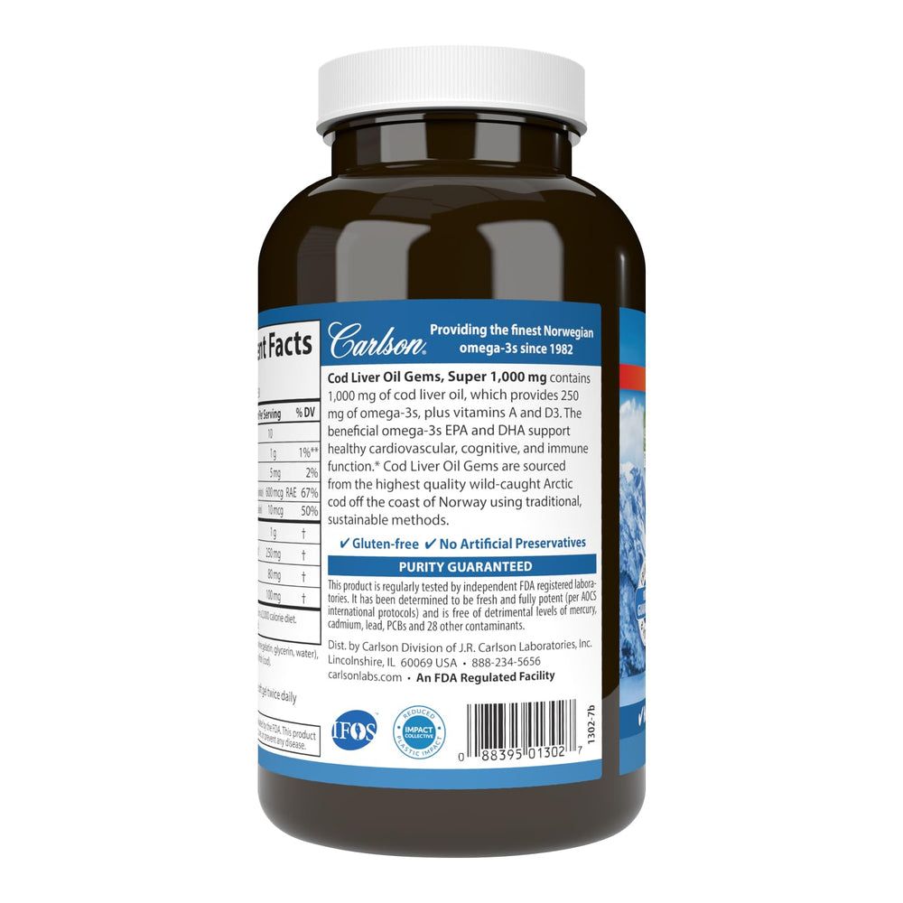 Carlson Cod Liver Oil Gems packaging with freshness seal and certifications