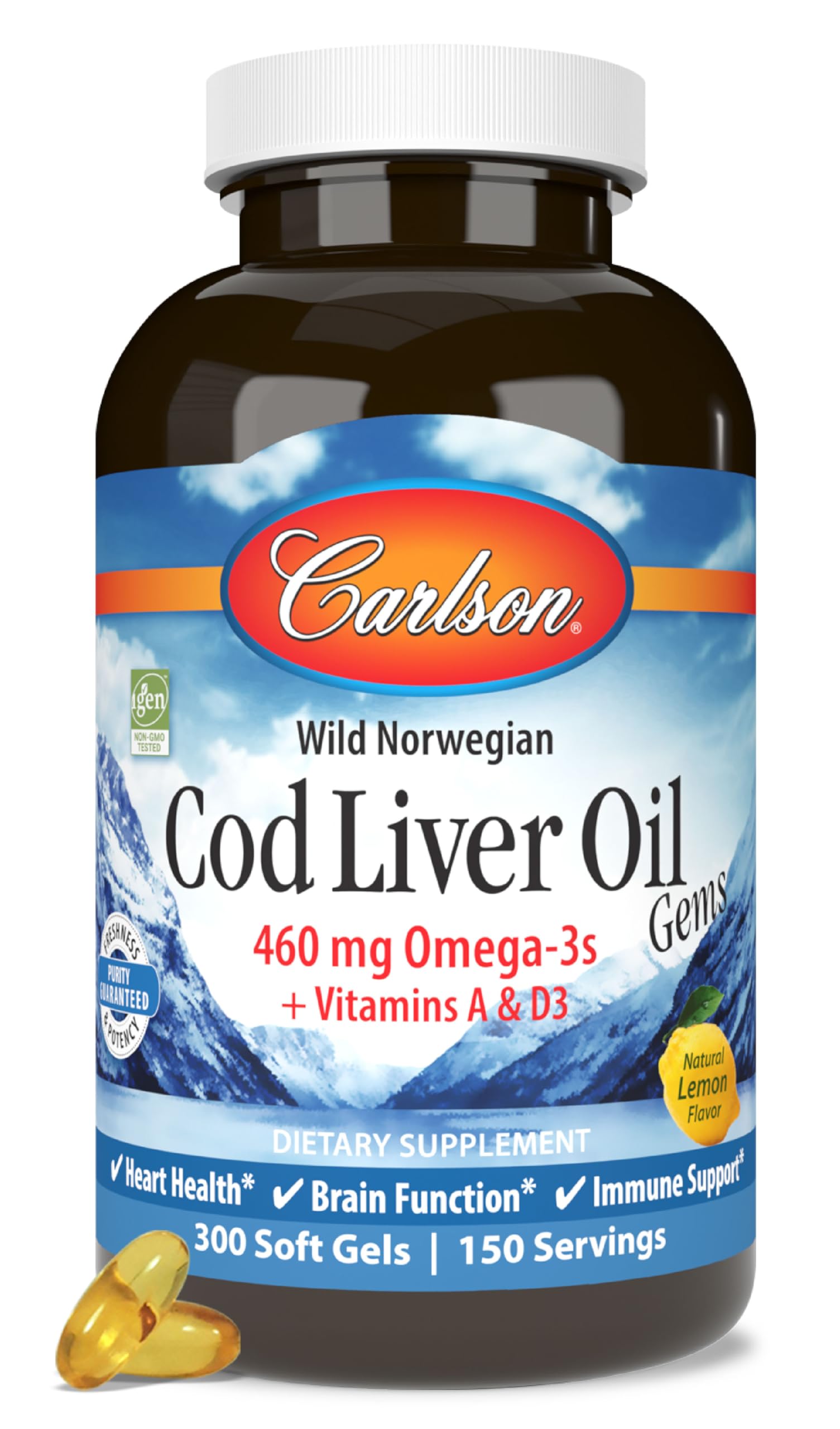 Carlson cod liver oil lemon bottle highlights Arctic sourcing and omega-3 richness