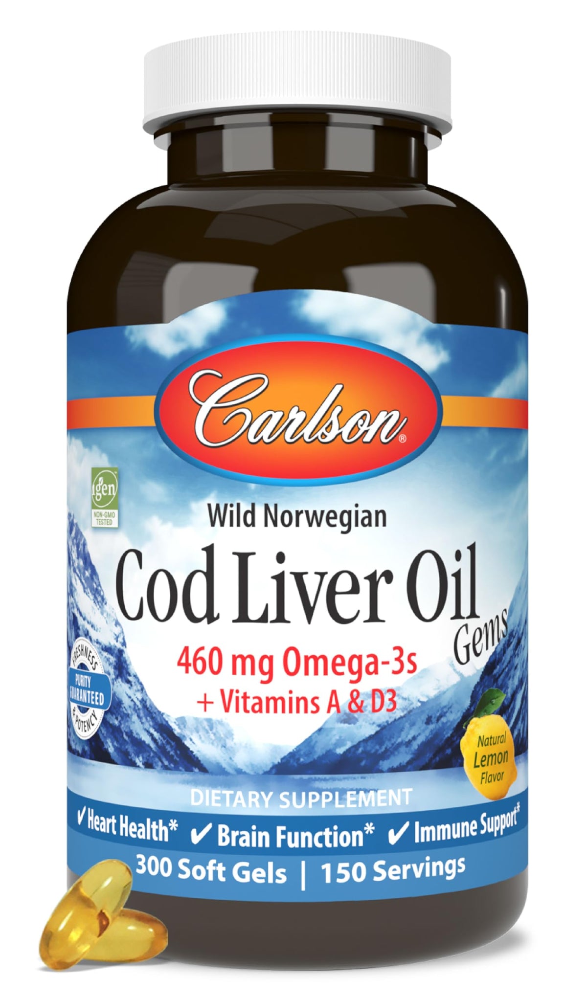 Carlson cod liver oil lemon bottle highlights Arctic sourcing and omega-3 richness