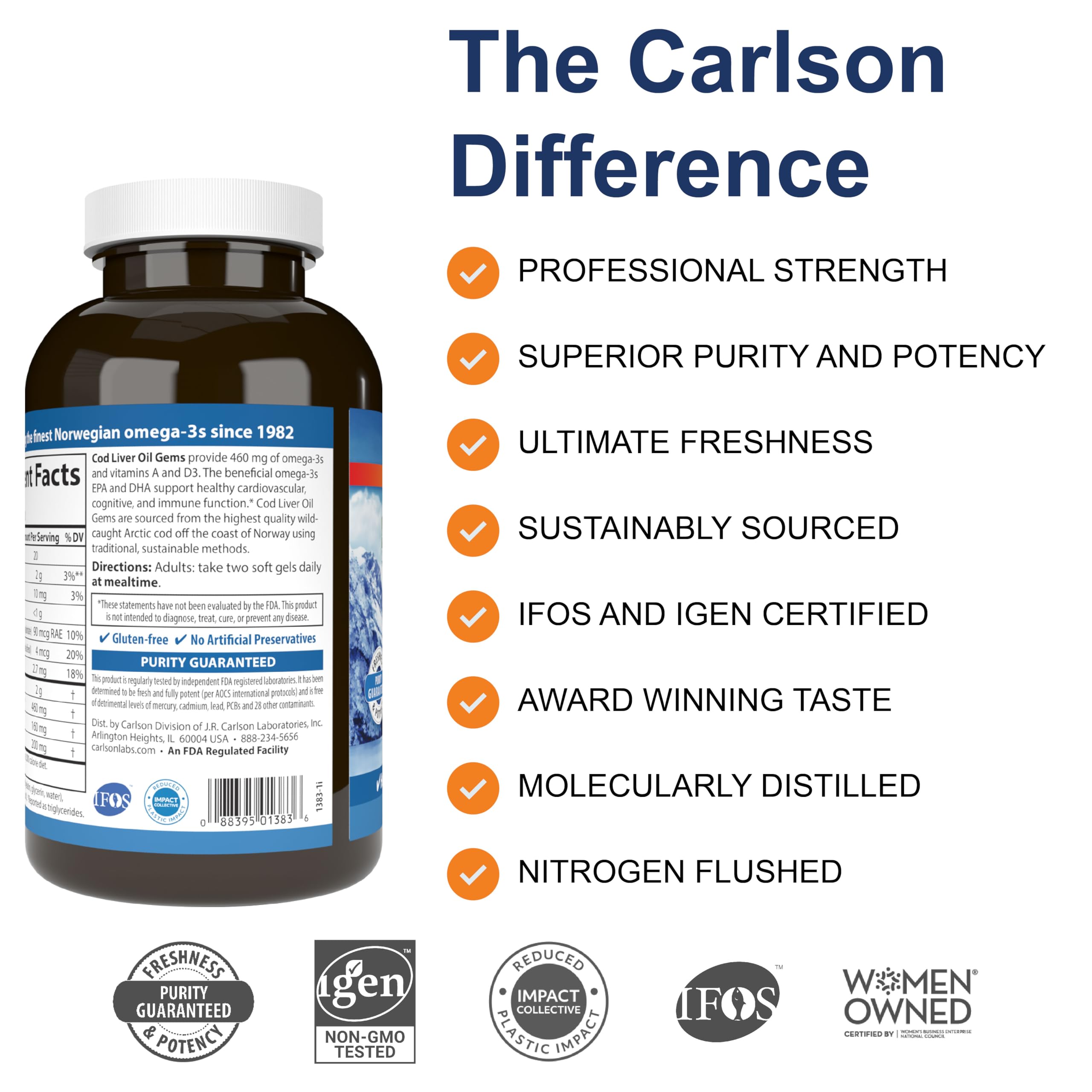 Carlson cod liver oil lemon capsules offer convenient daily omega-3 plus vitamins A and D3
