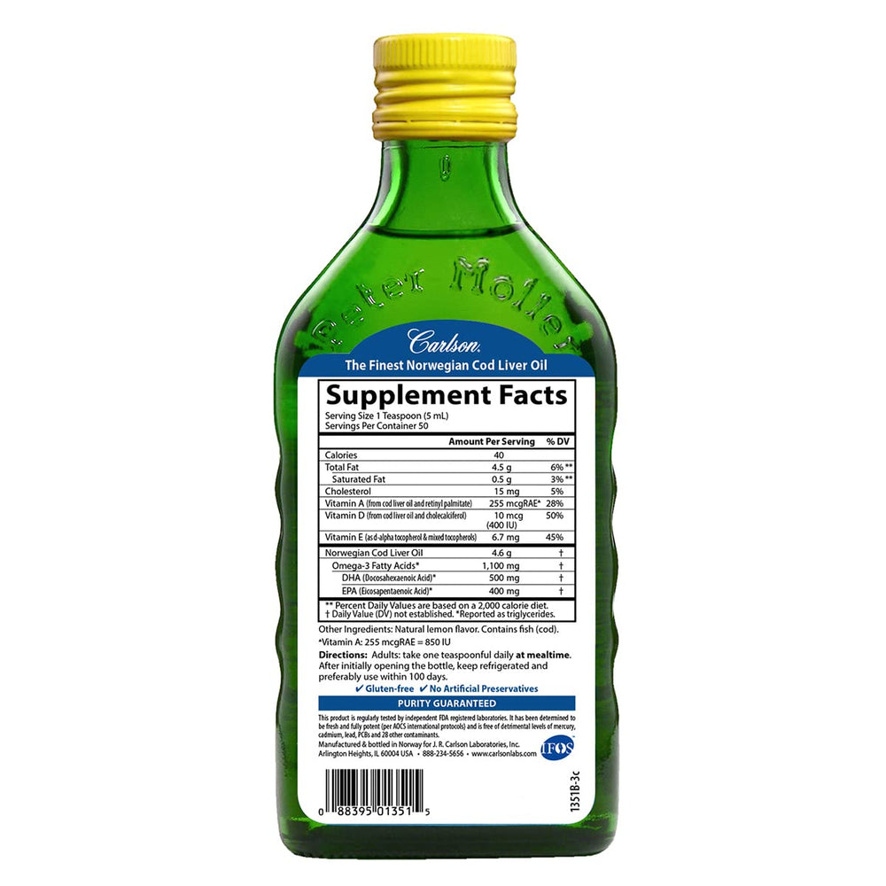 Carlson cod liver oil lemon label close-up highlighting Arctic sourcing and freshness.