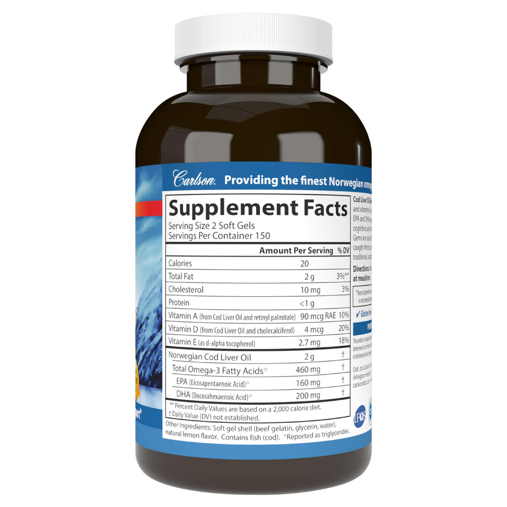 Carlson cod liver oil packaging shows easy-to-use softgels for on-the-go