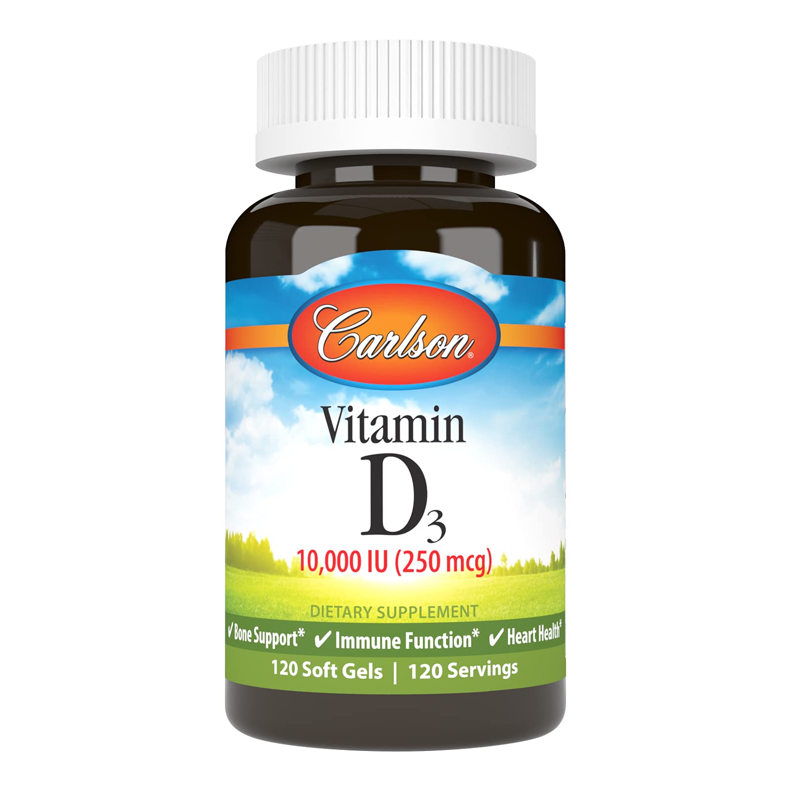 Carlson D3 10,000 IU bottle pour showing high-potency softgels for bone and immune support.