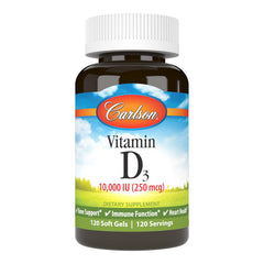 Carlson D3 10,000 IU bottle pour showing high-potency softgels for bone and immune support.