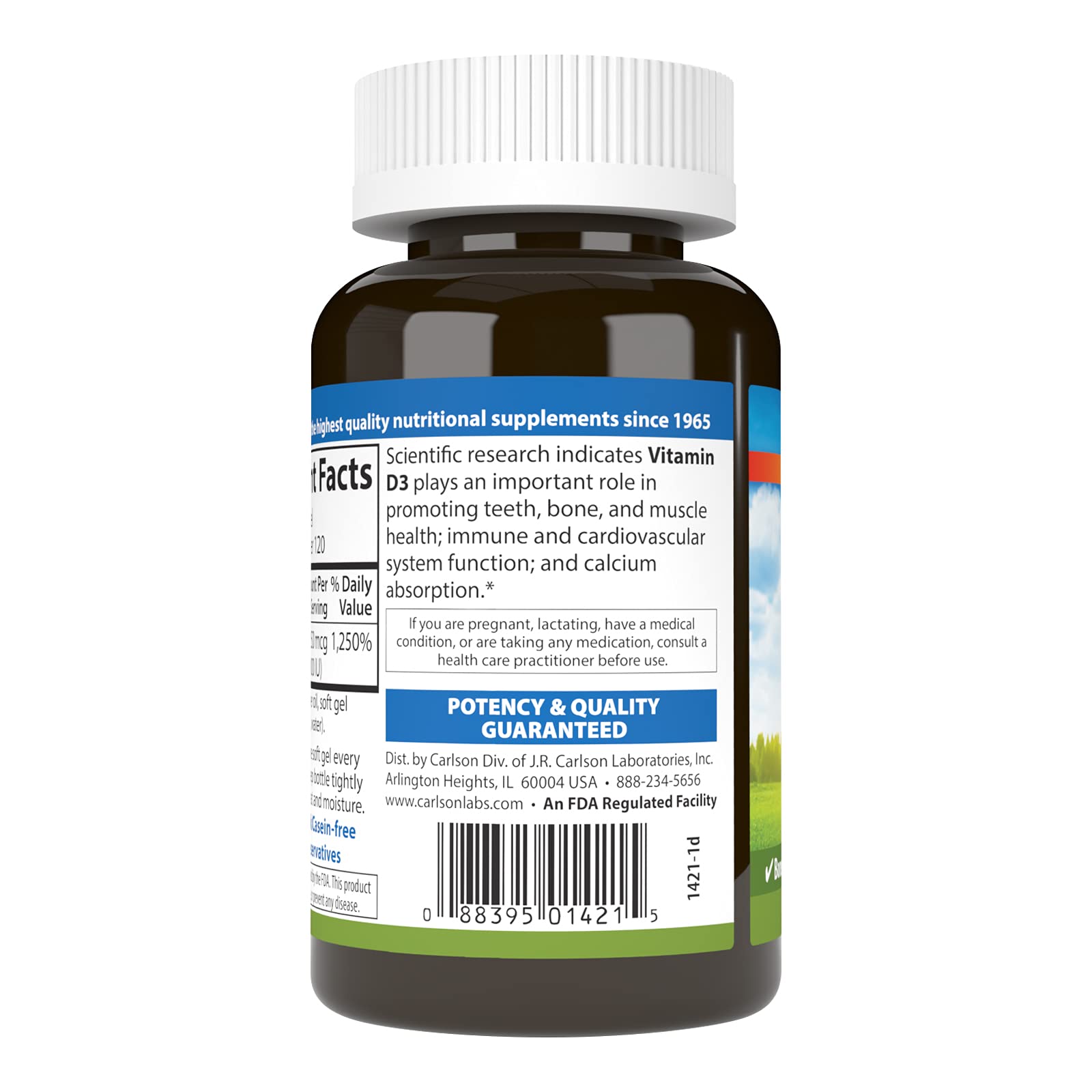 Carlson D3 bottle with gluten-free label, suitable for gluten-free diets.