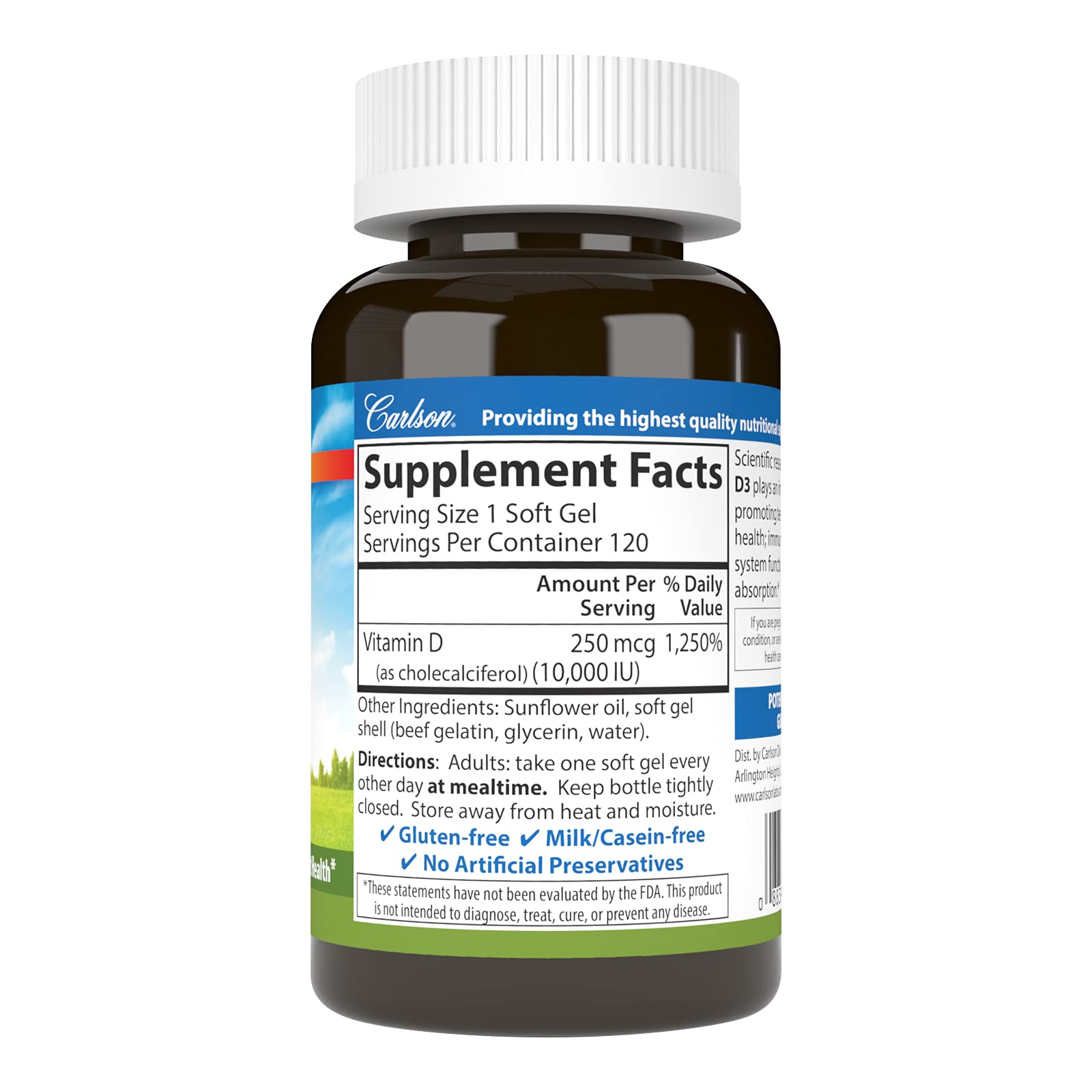 Carlson D3 softgel closeup emphasizing smooth texture for easy daily supplementation.