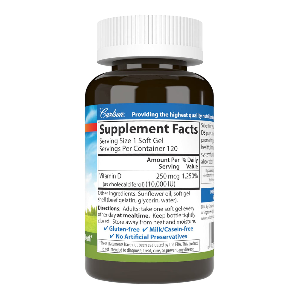 Carlson D3 softgel closeup emphasizing smooth texture for easy daily supplementation.