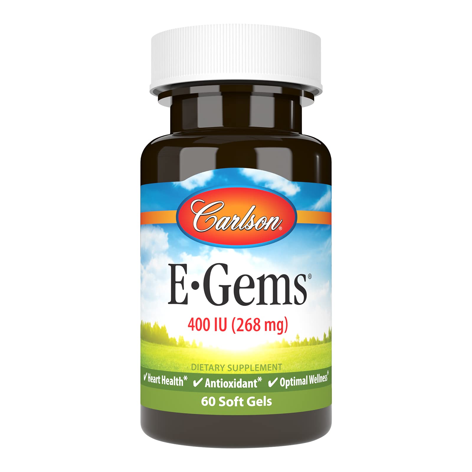 Carlson E-Gems natural vitamin E softgels in bottle for daily wellness routine.