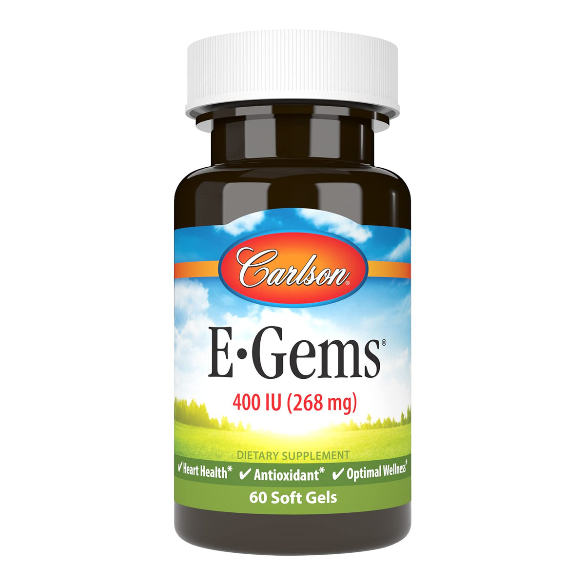 Carlson E-Gems natural vitamin E softgels in bottle for daily wellness routine.