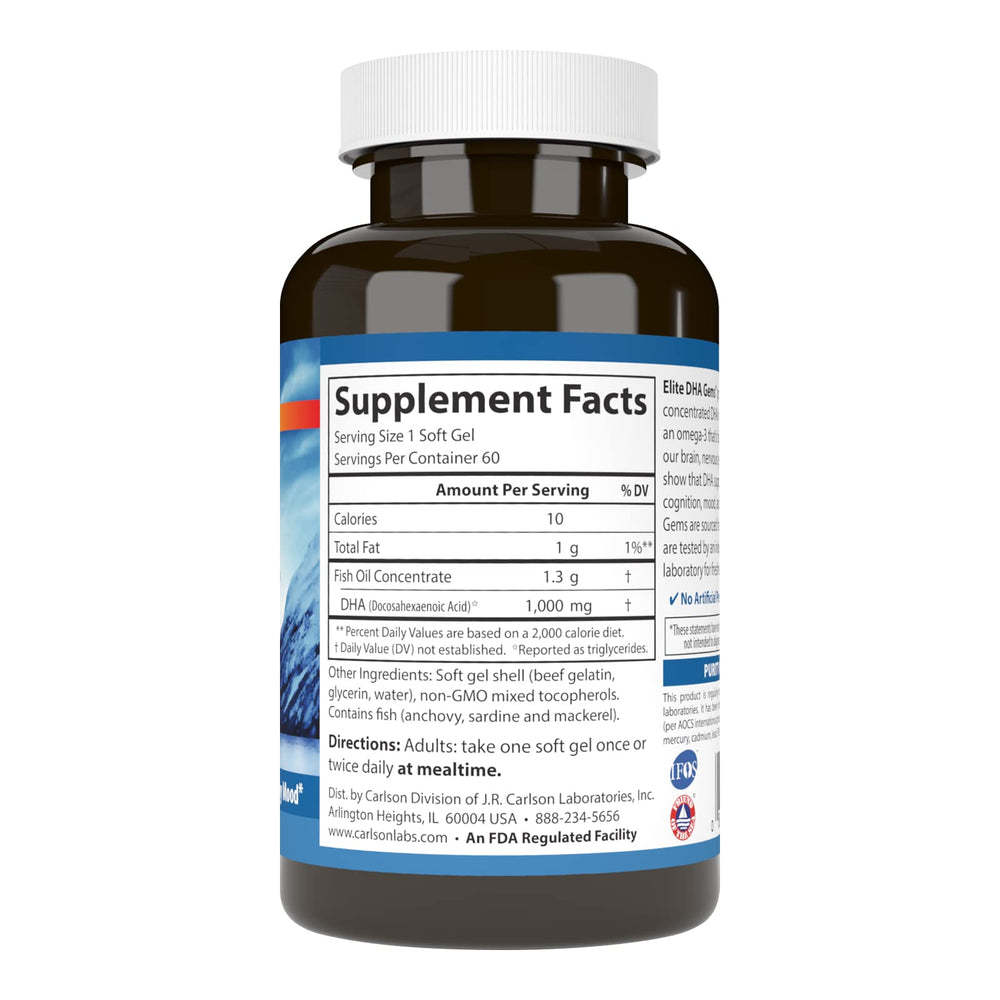 Carlson Elite DHA Gems softgels on table ready for routine use