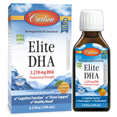 Carlson Elite DHA orange bottle on a kitchen counter for daily brain and eye support.