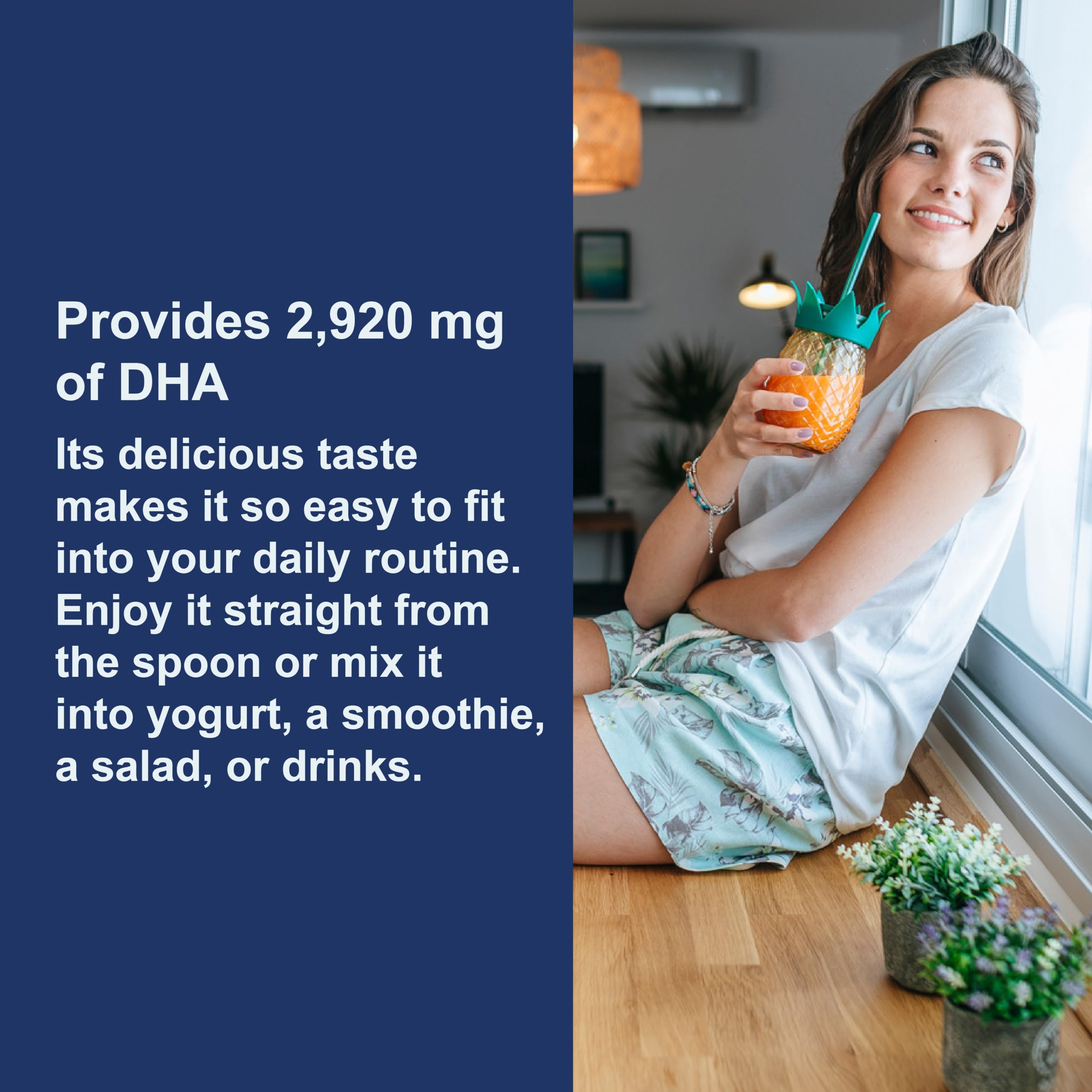 Bottle with DHA dosage marks showing 2,270 mg per teaspoon.