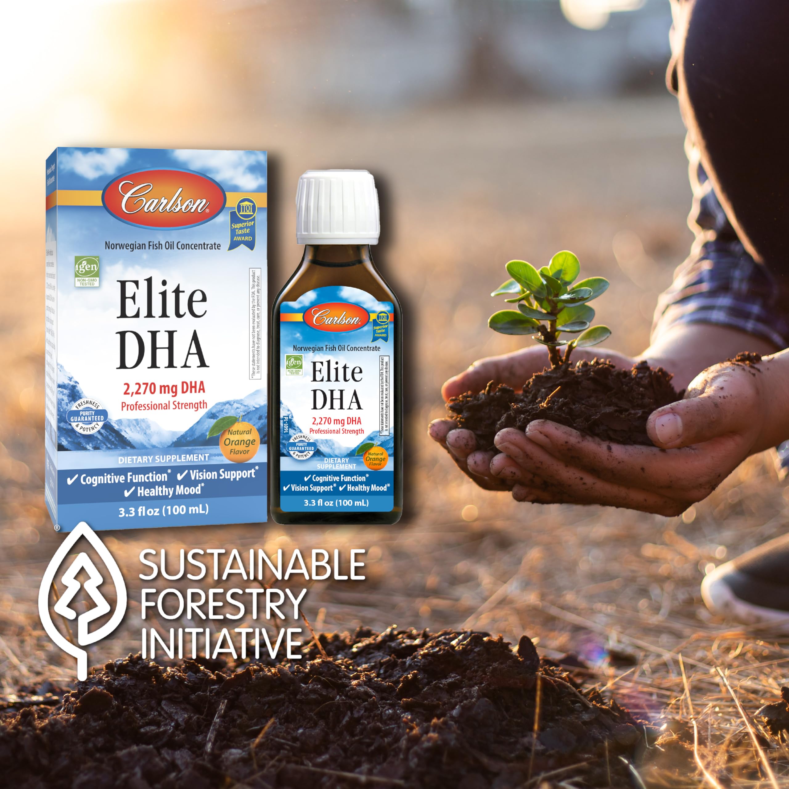 A spoon with orange DHA oil, highlighting delicious flavor.