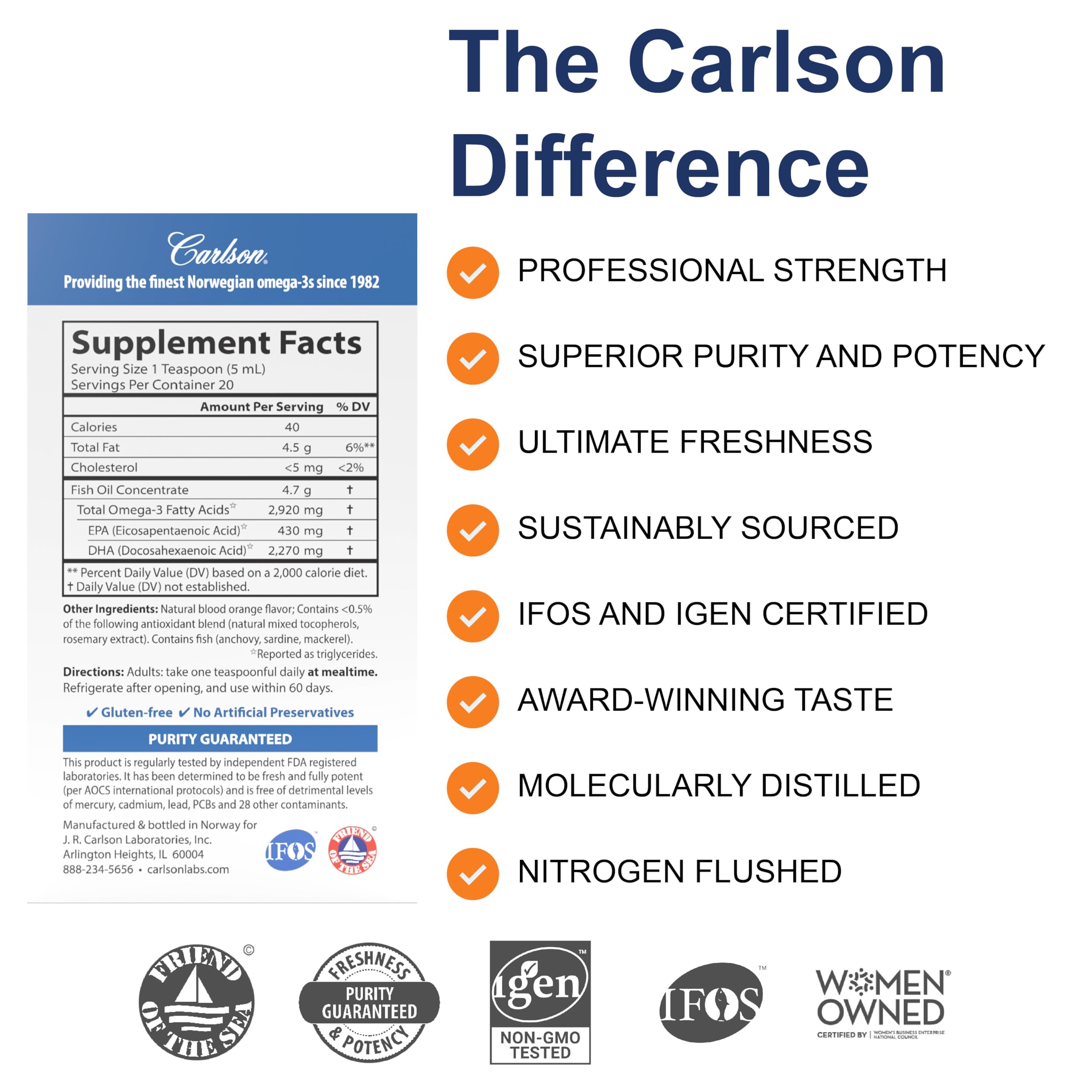 Pouring Carlson Elite DHA orange oil into a teaspoon for easy daily use.