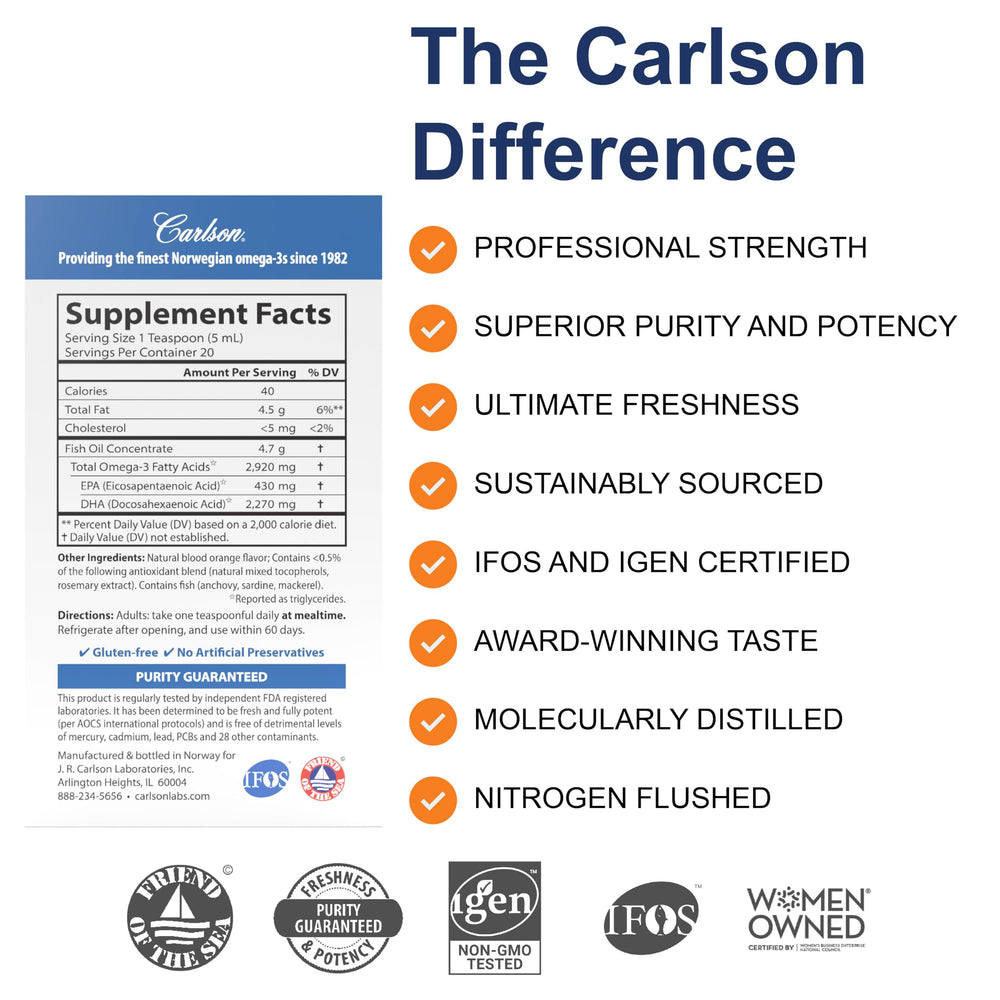 Pouring Carlson Elite DHA orange oil into a teaspoon for easy daily use.