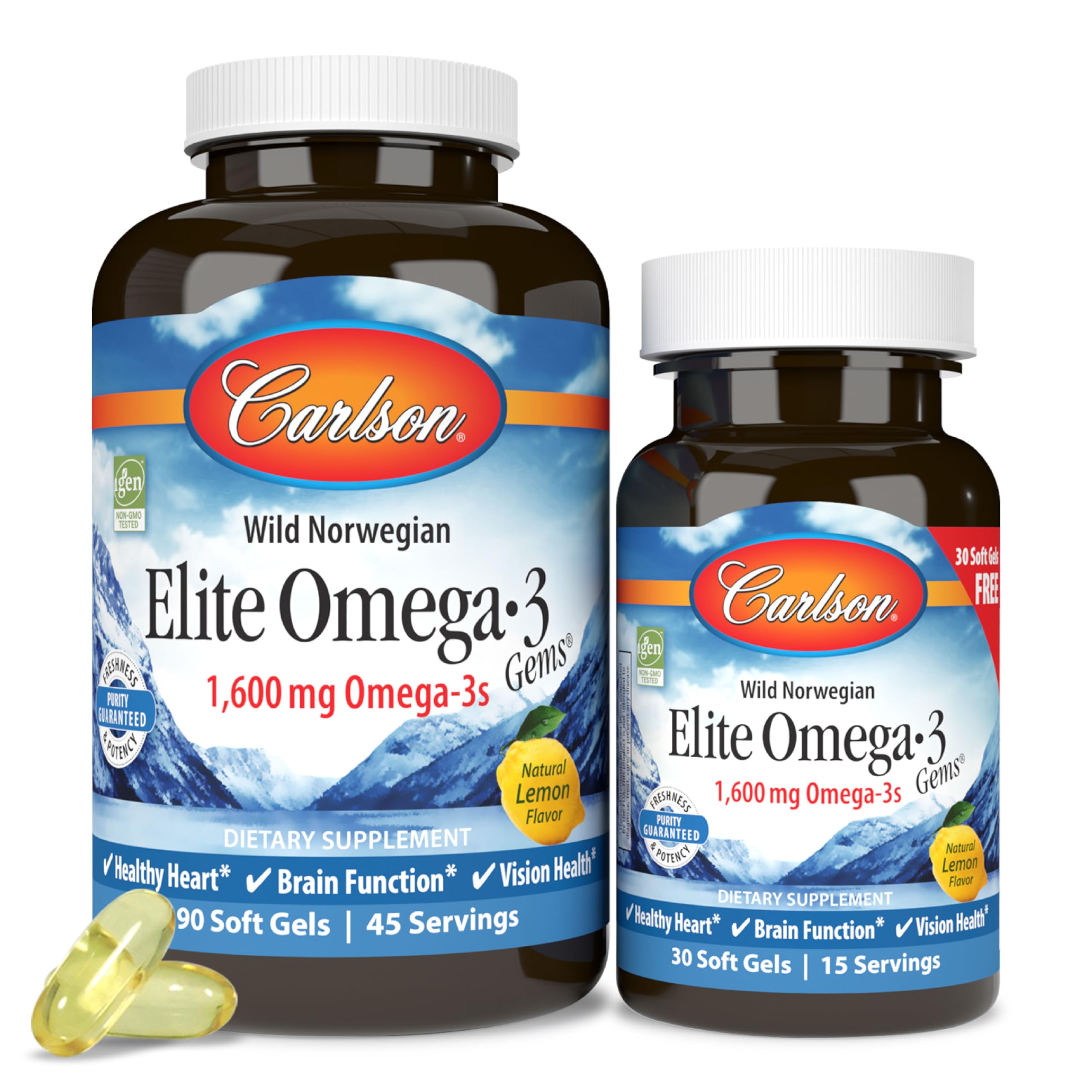 Carlson Elite Omega-3 Gems bottle-front with lemon softgels for daily wellness.
