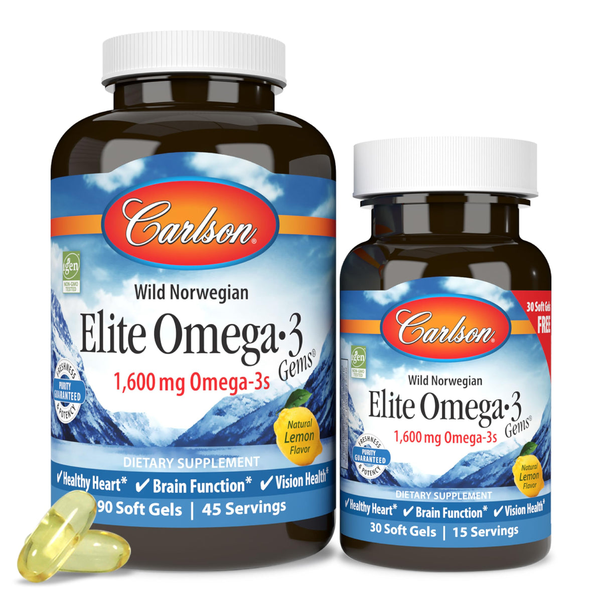 Carlson Elite Omega-3 Gems bottle-front with lemon softgels for daily wellness.