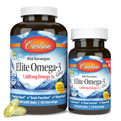 Carlson Elite Omega-3 Gems bottle-front with lemon softgels for daily wellness.