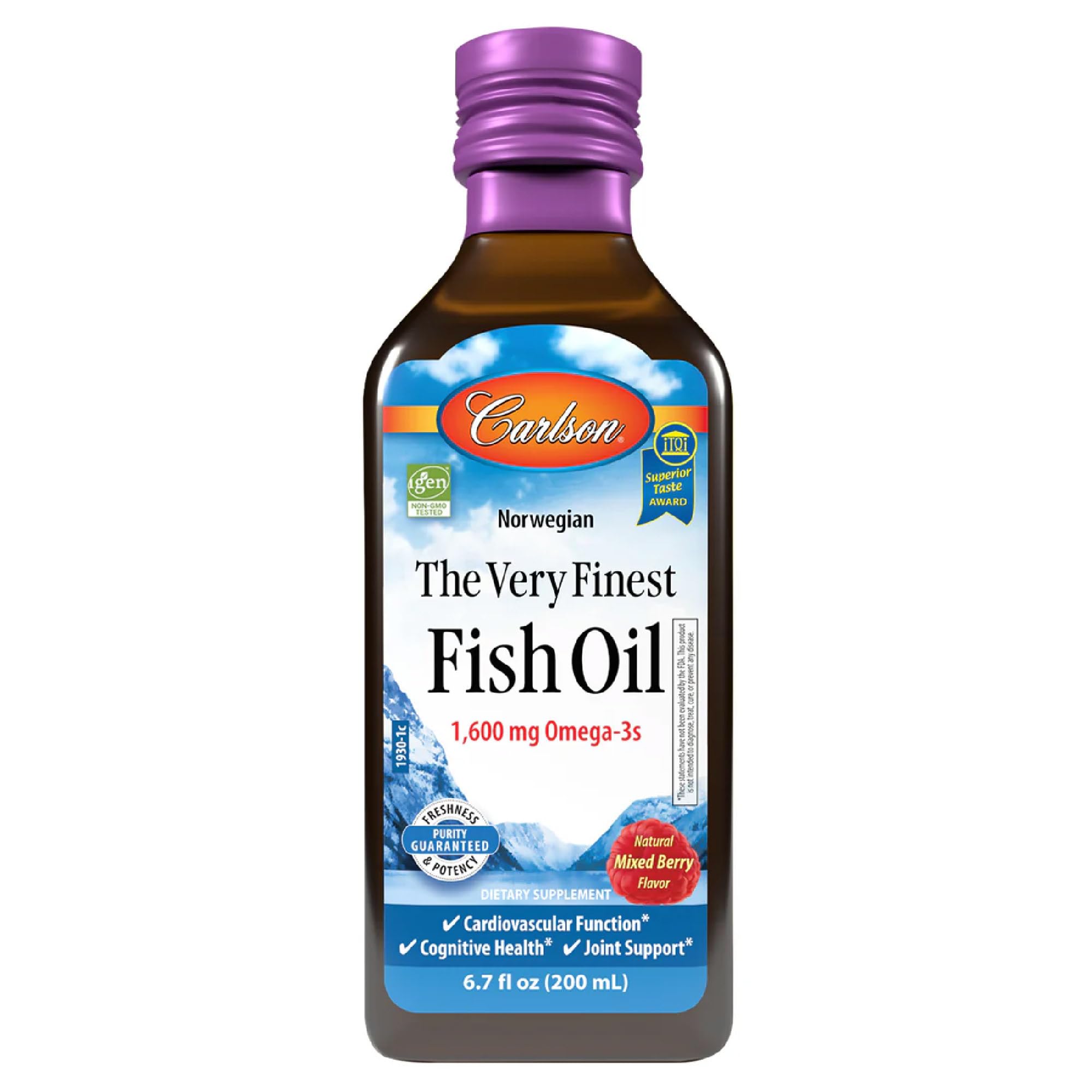 Carlson fish oil 1600mg bottle shown for daily omega-3 support.